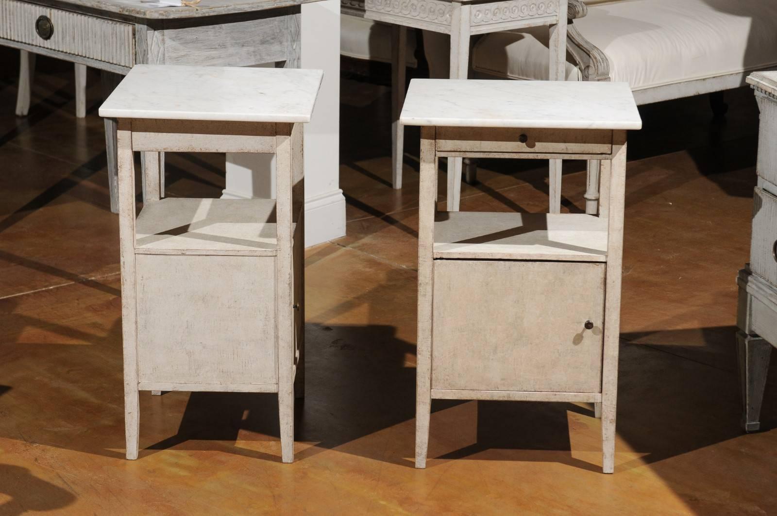 Pair of Swedish 1915 Beside Tables with Marble Top, Drawer, Shelf and Door In Good Condition In Atlanta, GA