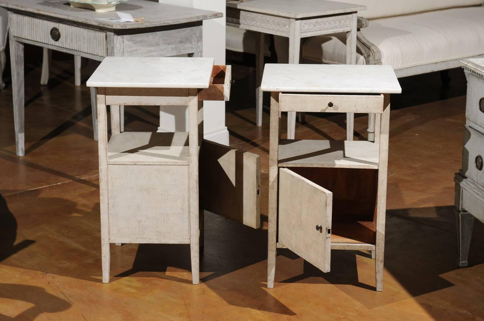 20th Century Pair of Swedish 1915 Beside Tables with Marble Top, Drawer, Shelf and Door