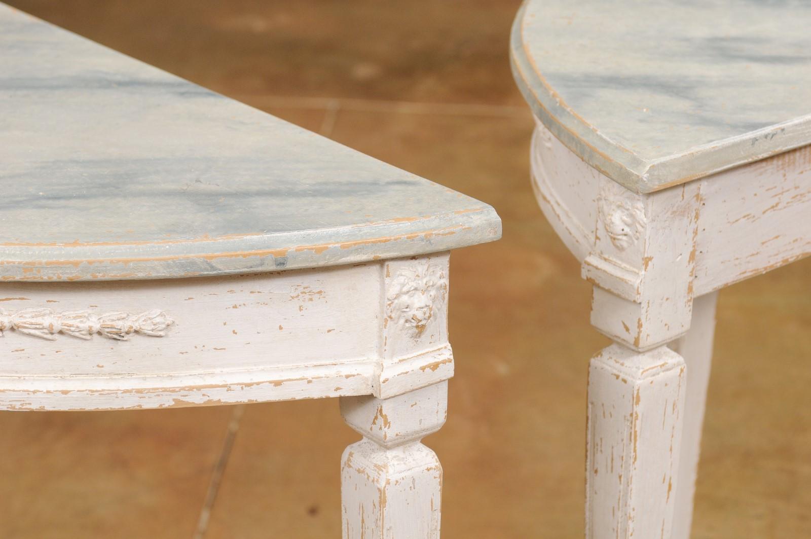 Pair of Swedish 1920s Gustavian Style Painted Demilune Tables with Carved Aprons For Sale 5