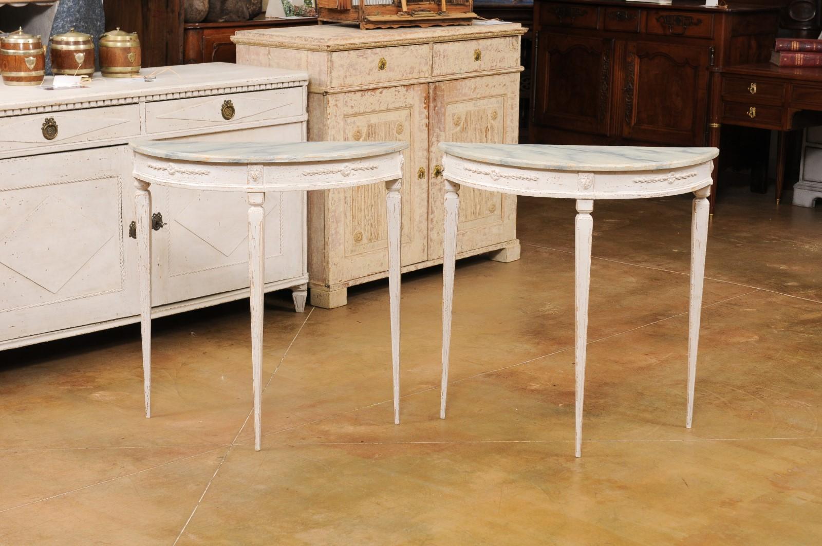 Pair of Swedish 1920s Gustavian Style Painted Demilune Tables with Carved Aprons For Sale 7