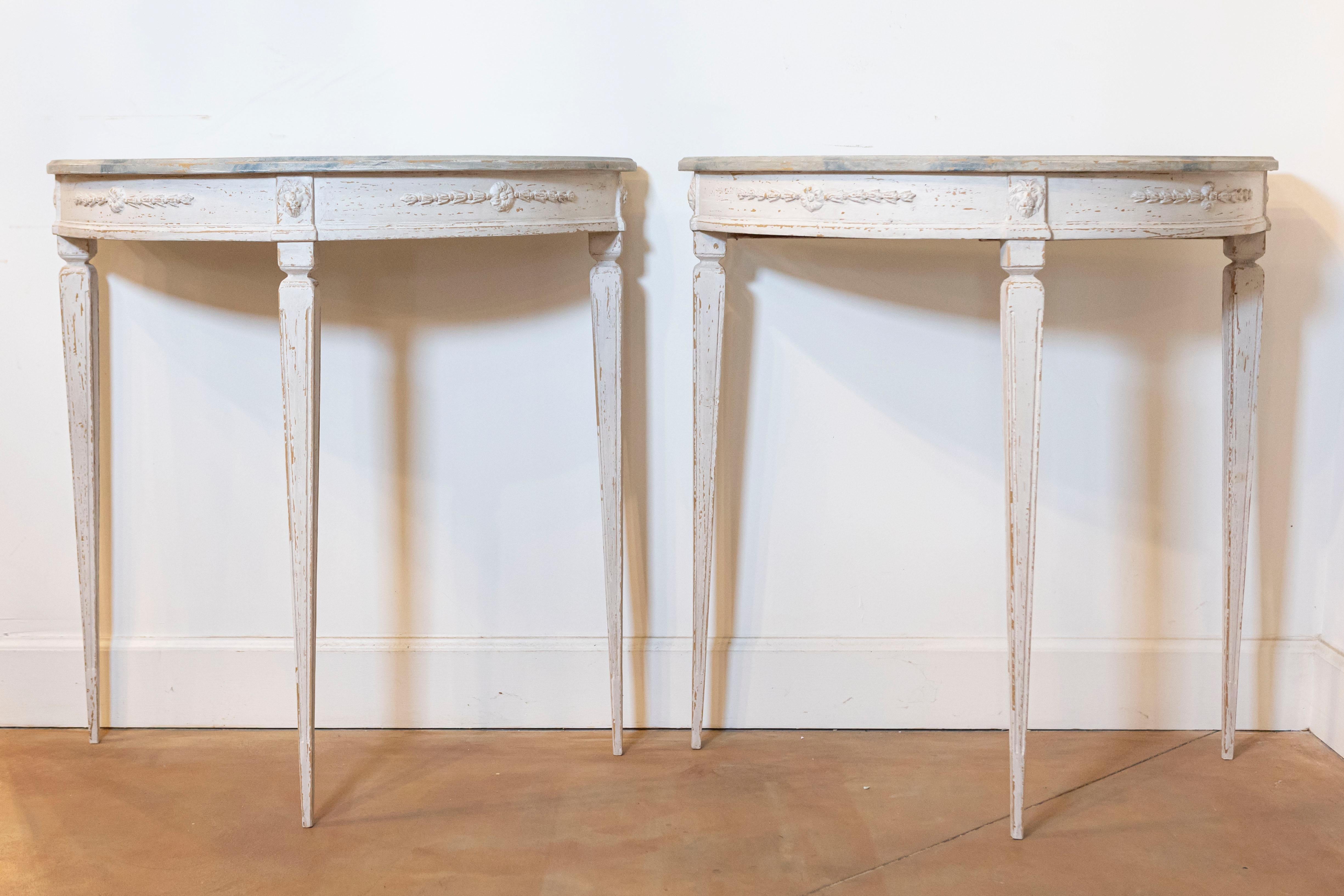 Pair of Swedish 1920s Gustavian Style Painted Demilune Tables with Carved Aprons In Good Condition For Sale In Atlanta, GA