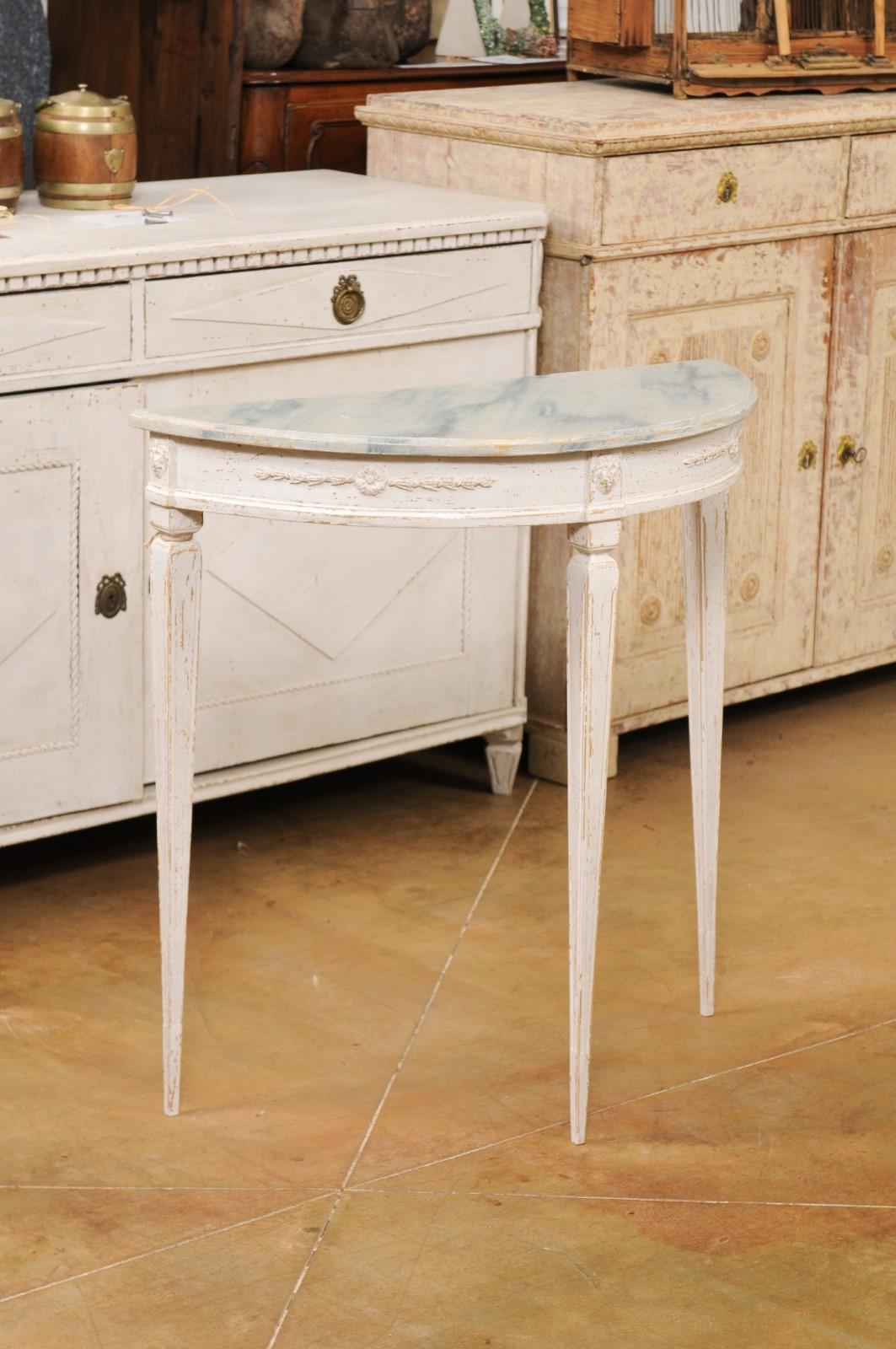 20th Century Pair of Swedish 1920s Gustavian Style Painted Demilune Tables with Carved Aprons For Sale