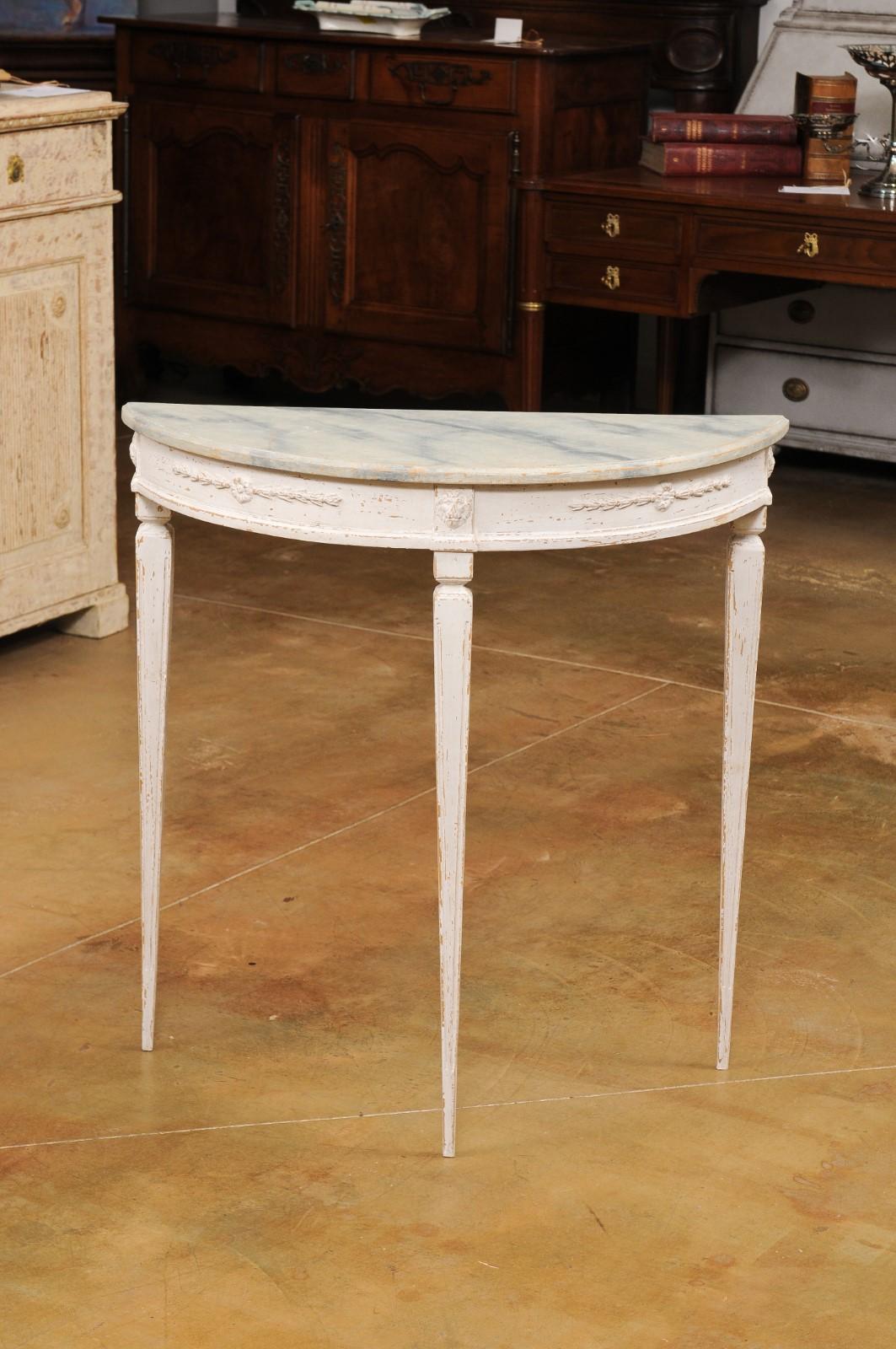 Wood Pair of Swedish 1920s Gustavian Style Painted Demilune Tables with Carved Aprons For Sale