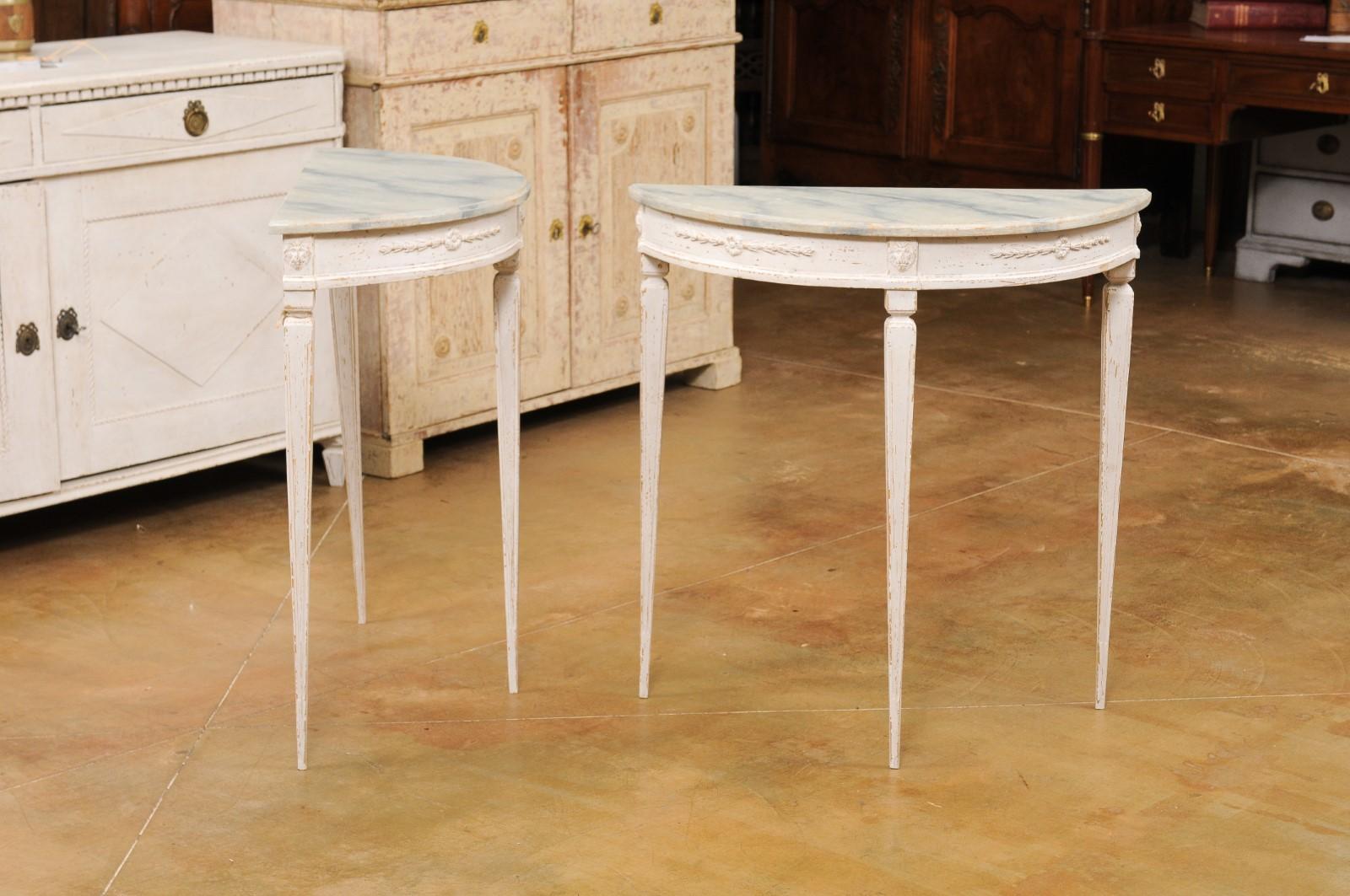Pair of Swedish 1920s Gustavian Style Painted Demilune Tables with Carved Aprons For Sale 1