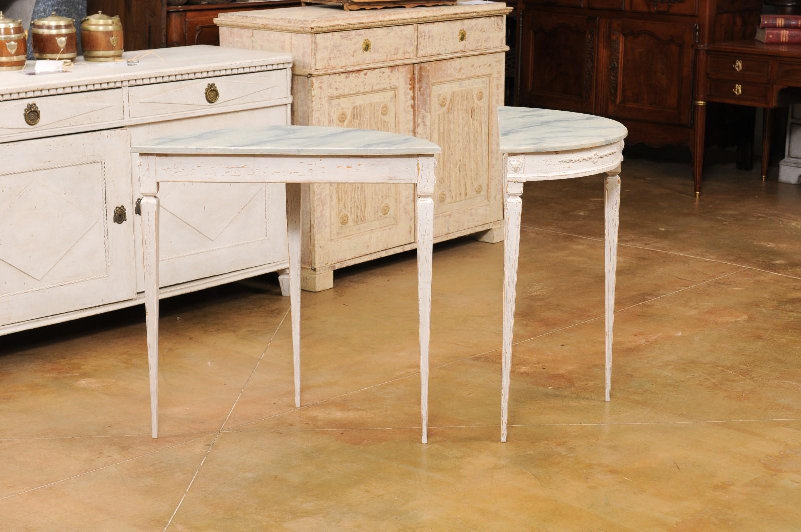 Pair of Swedish 1920s Gustavian Style Painted Demilune Tables with Carved Aprons For Sale 2