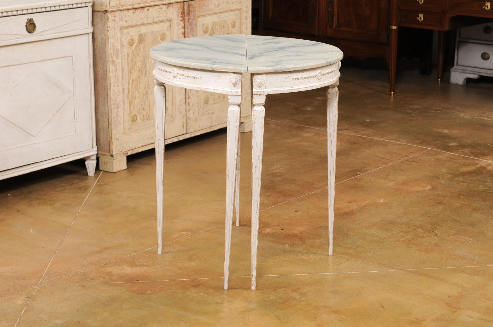 Pair of Swedish 1920s Gustavian Style Painted Demilune Tables with Carved Aprons For Sale 3