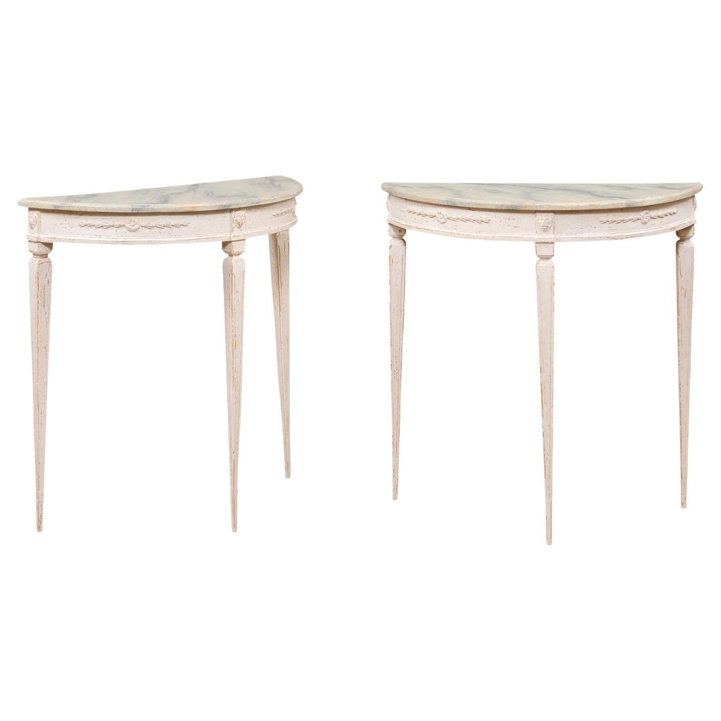 Pair of Swedish 1920s Gustavian Style Painted Demilune Tables with Carved Aprons For Sale