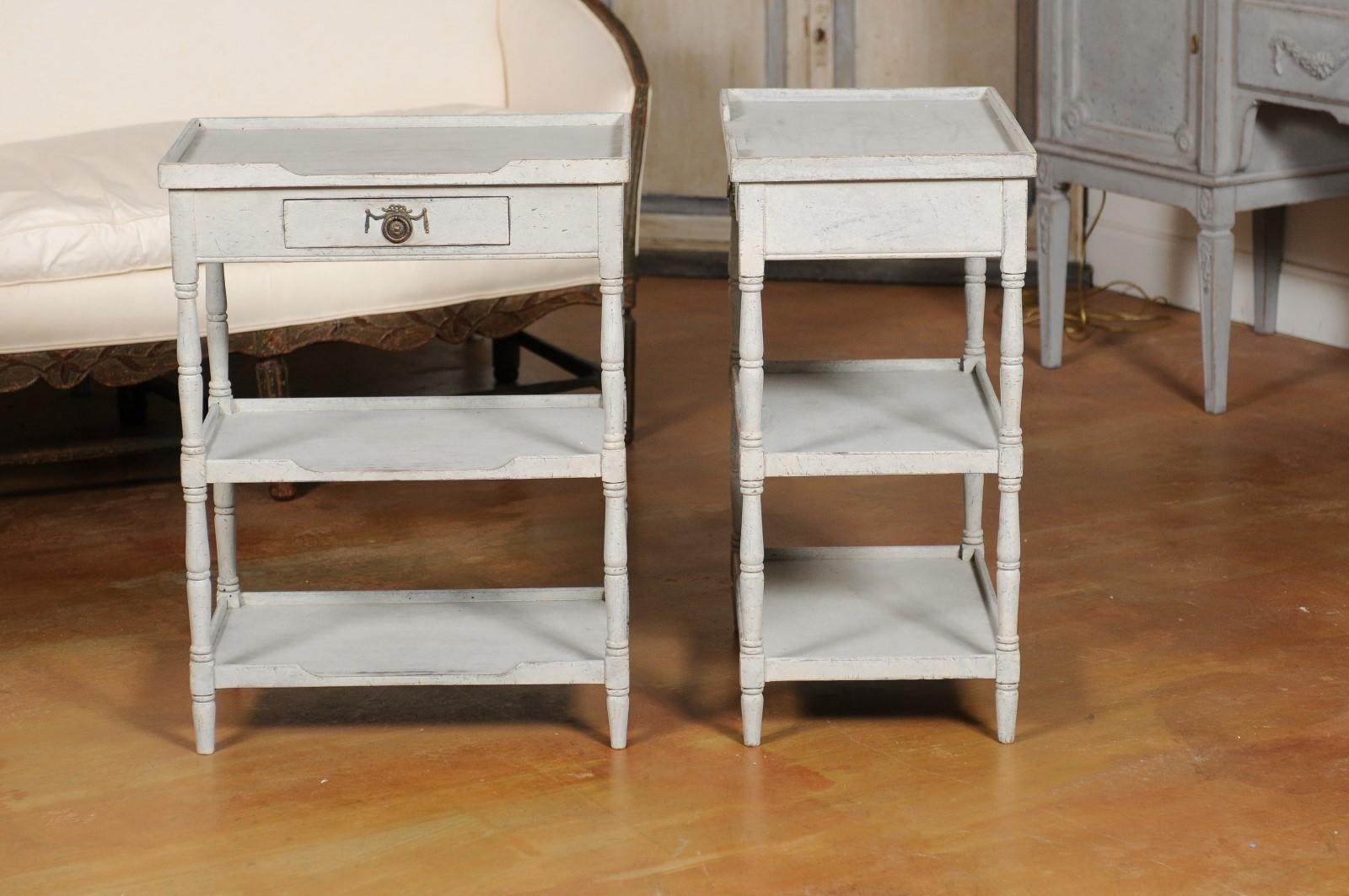 Pair of Swedish 1920s Painted Lamp Tables with Single Drawer and Two Shelves 5