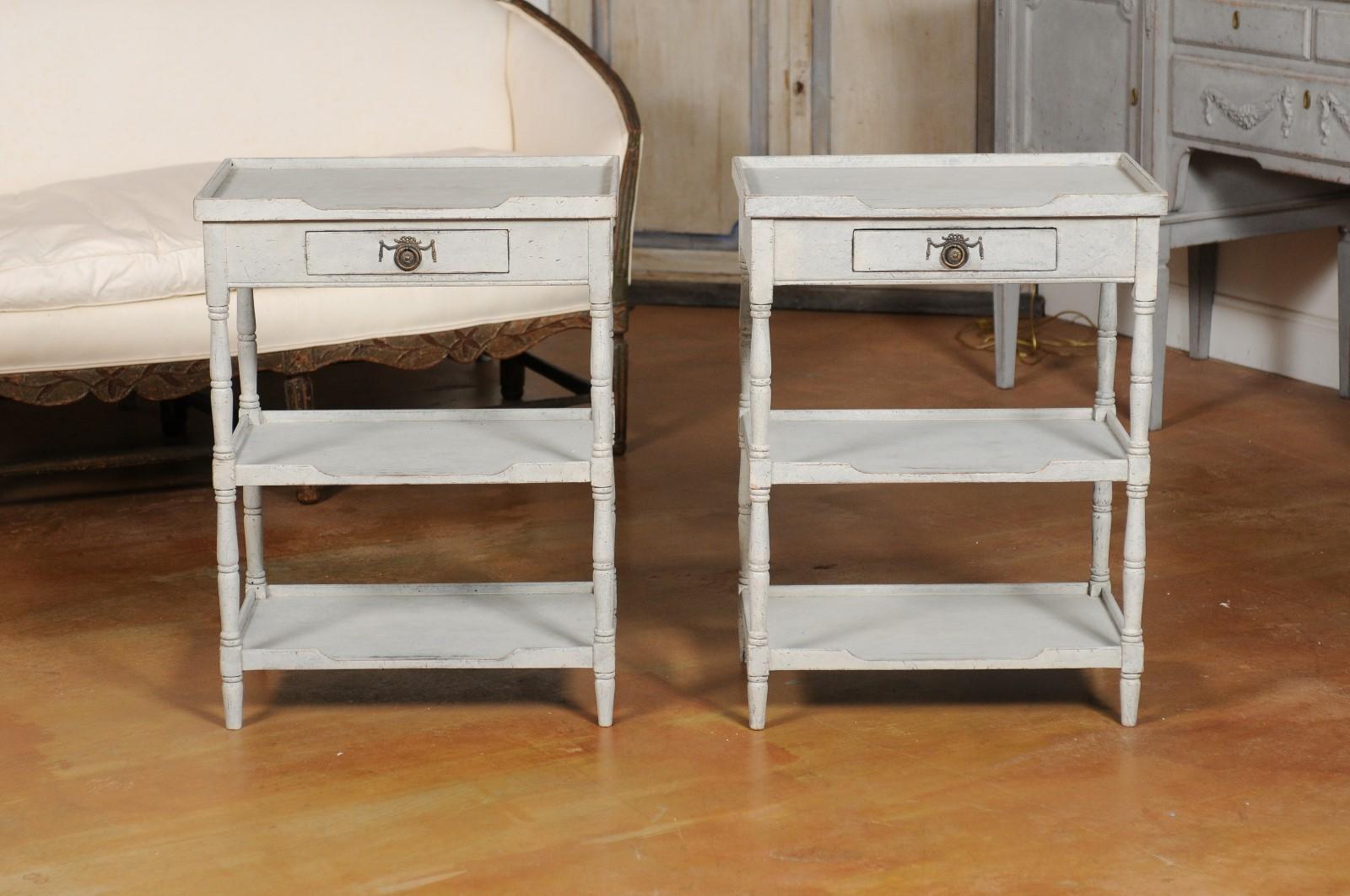 Pair of Swedish 1920s Painted Lamp Tables with Single Drawer and Two Shelves 6