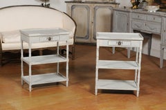 Pair of Swedish 1920s Painted Lamp Tables with Single Drawer and Two Shelves