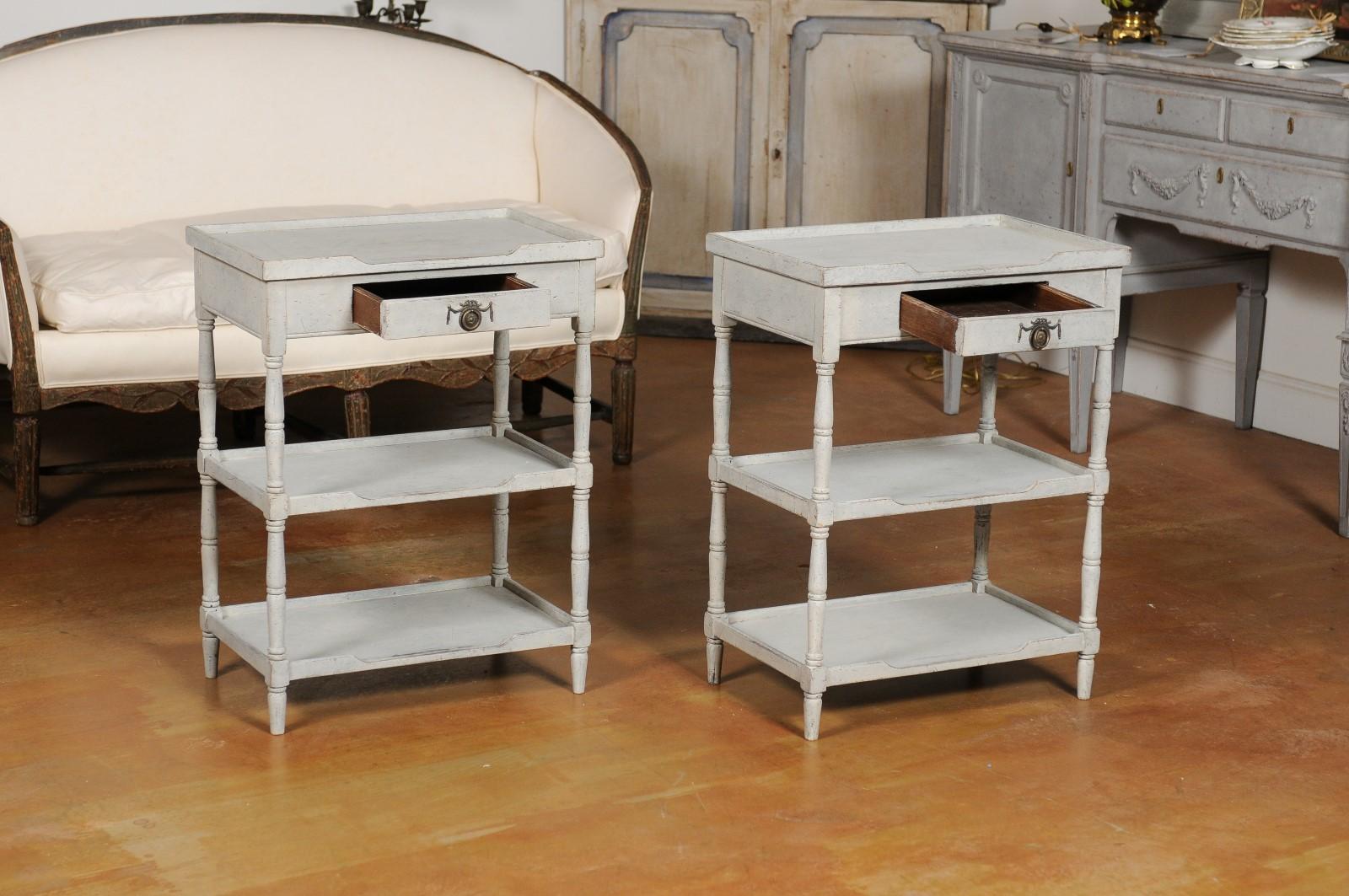 Pair of Swedish 1920s Painted Lamp Tables with Single Drawer and Two Shelves In Good Condition In Atlanta, GA