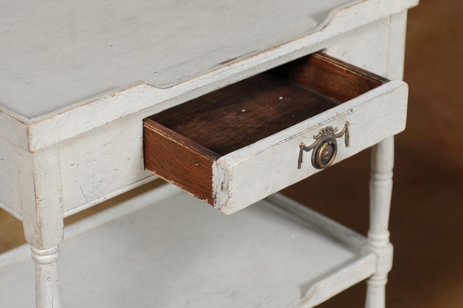 20th Century Pair of Swedish 1920s Painted Lamp Tables with Single Drawer and Two Shelves
