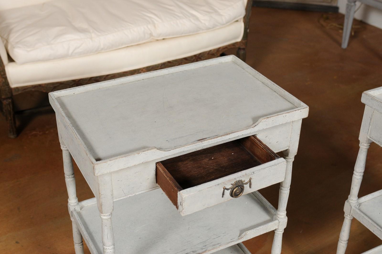 Brass Pair of Swedish 1920s Painted Lamp Tables with Single Drawer and Two Shelves