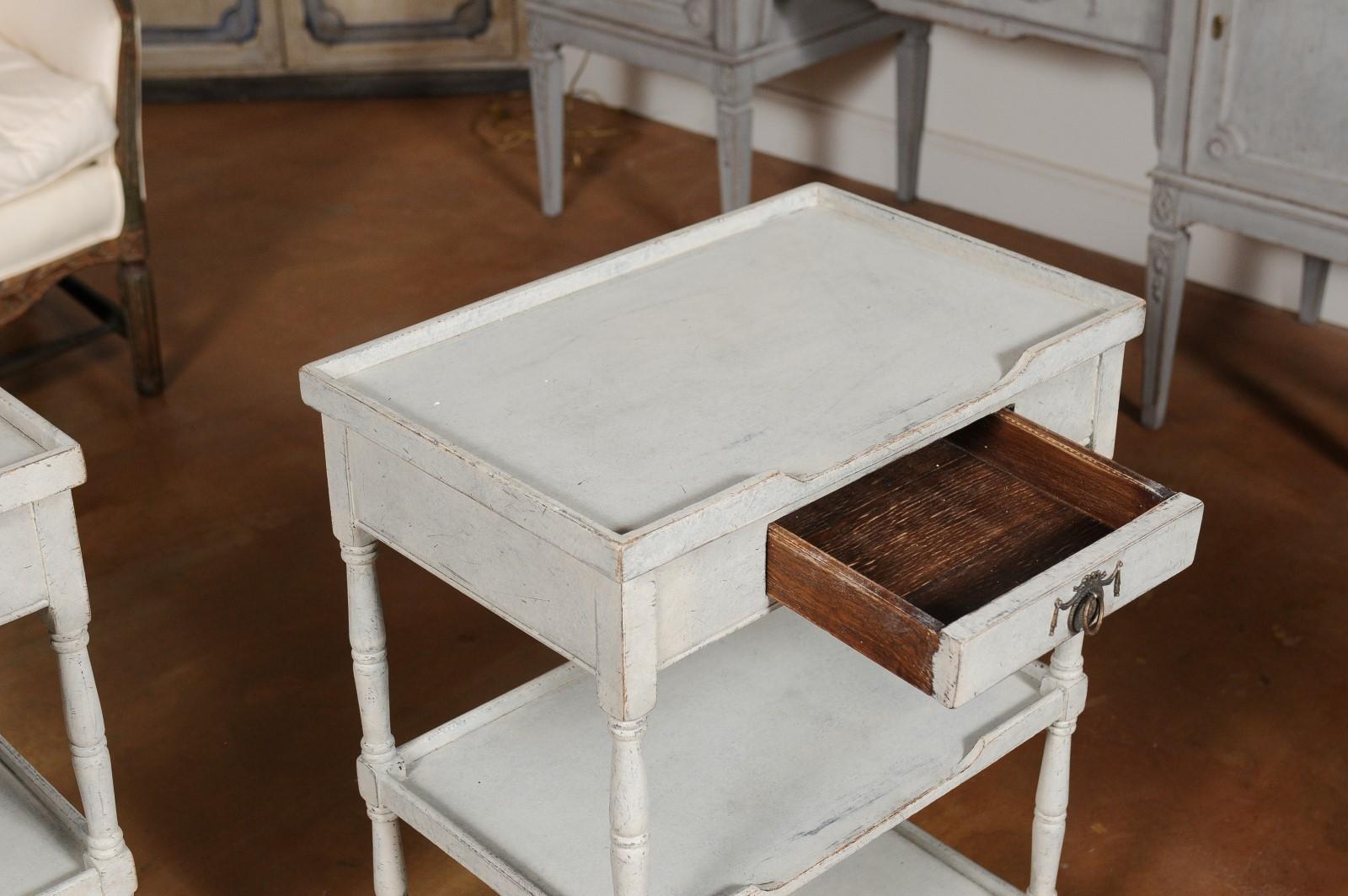 Pair of Swedish 1920s Painted Lamp Tables with Single Drawer and Two Shelves 1