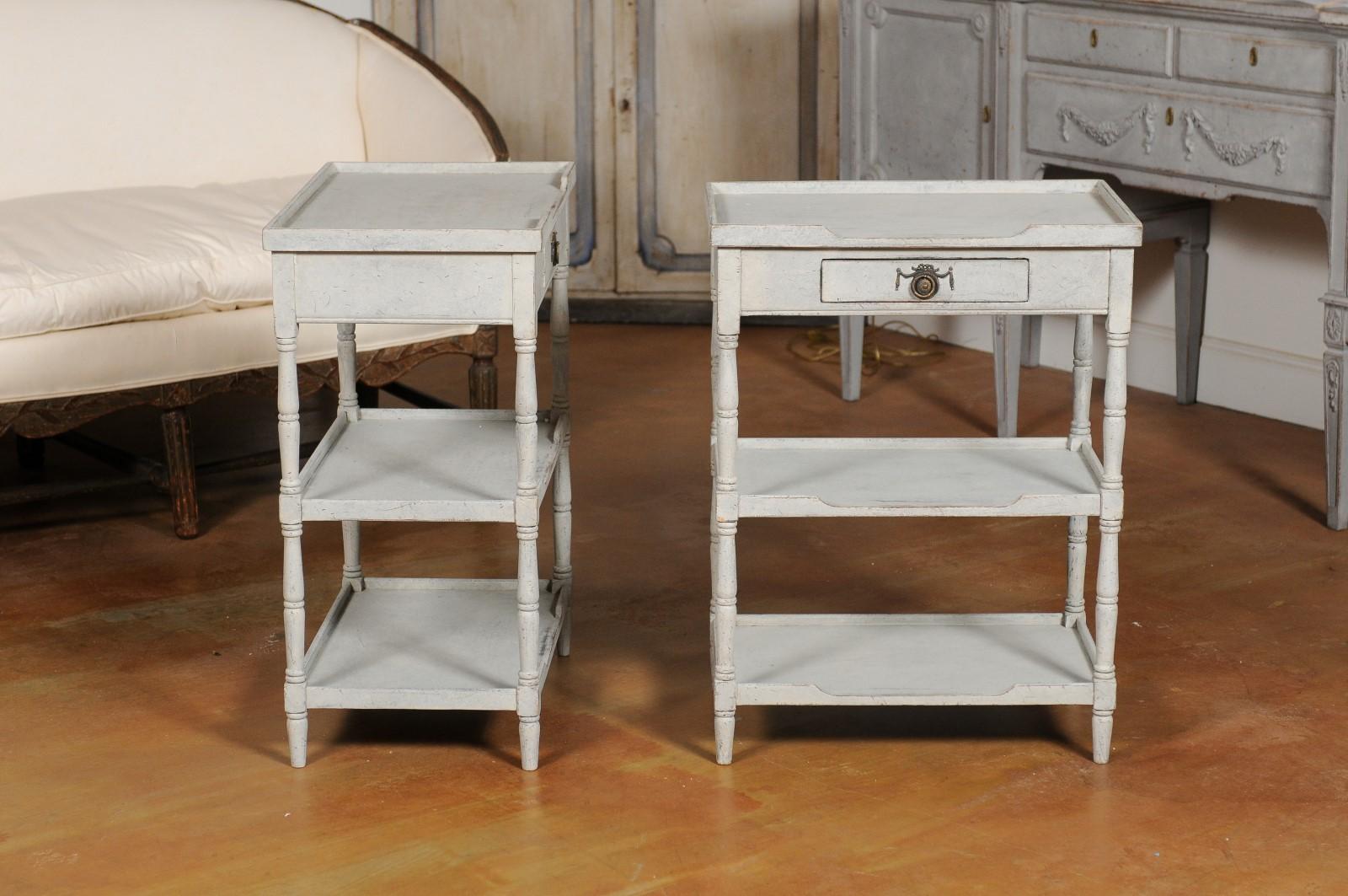 Pair of Swedish 1920s Painted Lamp Tables with Single Drawer and Two Shelves 2