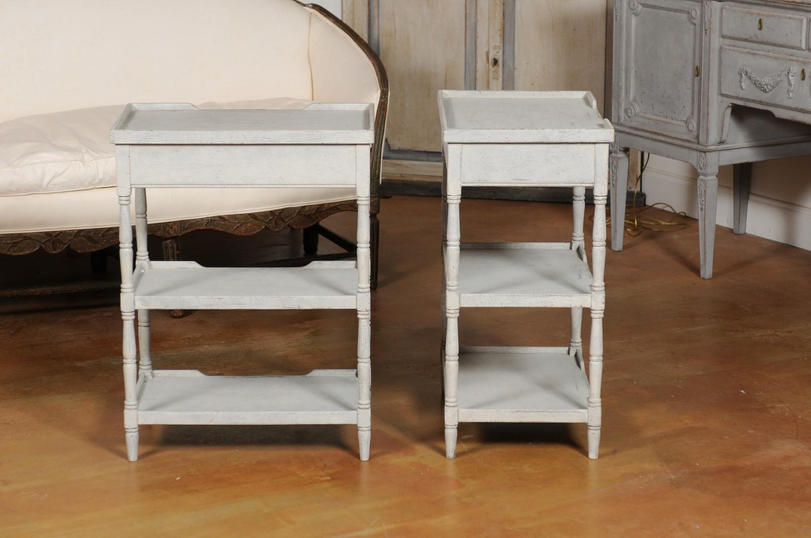 Pair of Swedish 1920s Painted Lamp Tables with Single Drawer and Two Shelves 3