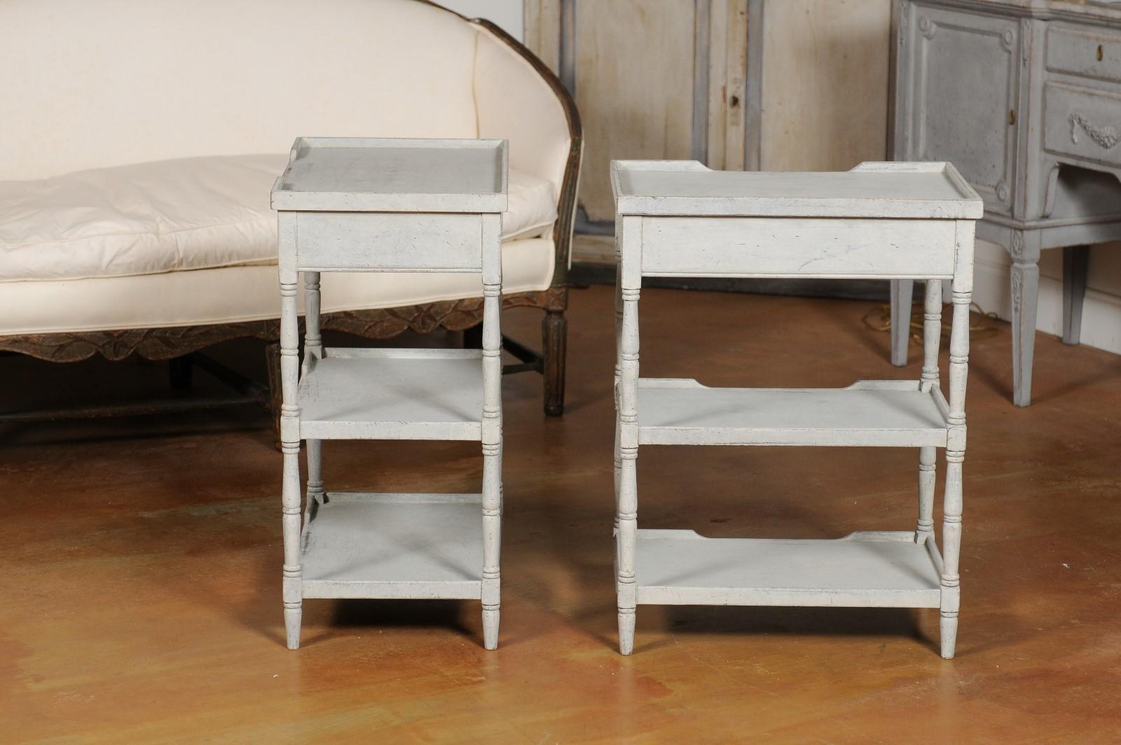 Pair of Swedish 1920s Painted Lamp Tables with Single Drawer and Two Shelves 4