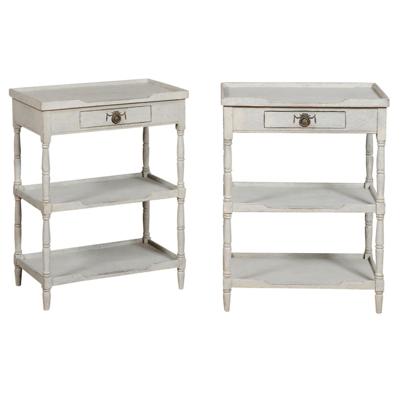 Pair of Swedish 1920s Painted Lamp Tables with Single Drawer and Two Shelves