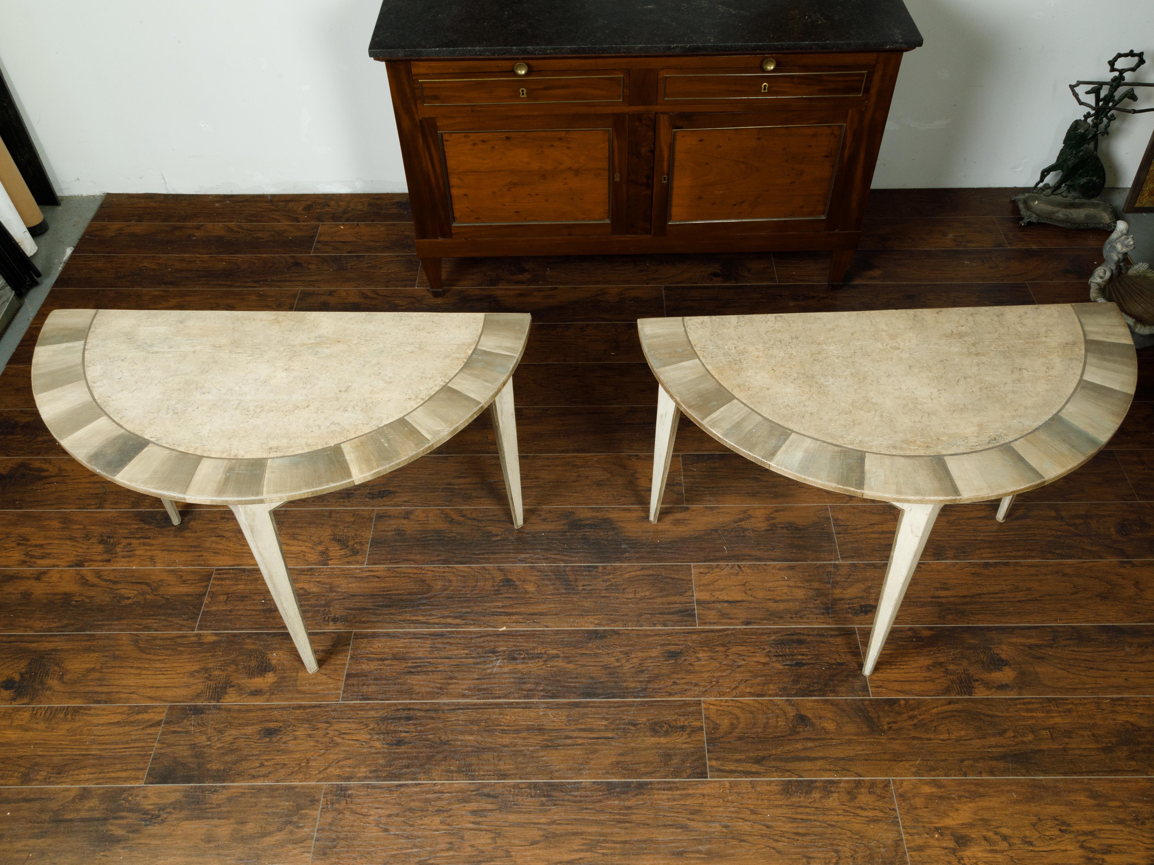 Pair of Swedish 1930-1940 Painted Wood Demilune Tables with Radiating Motifs In Good Condition In Atlanta, GA
