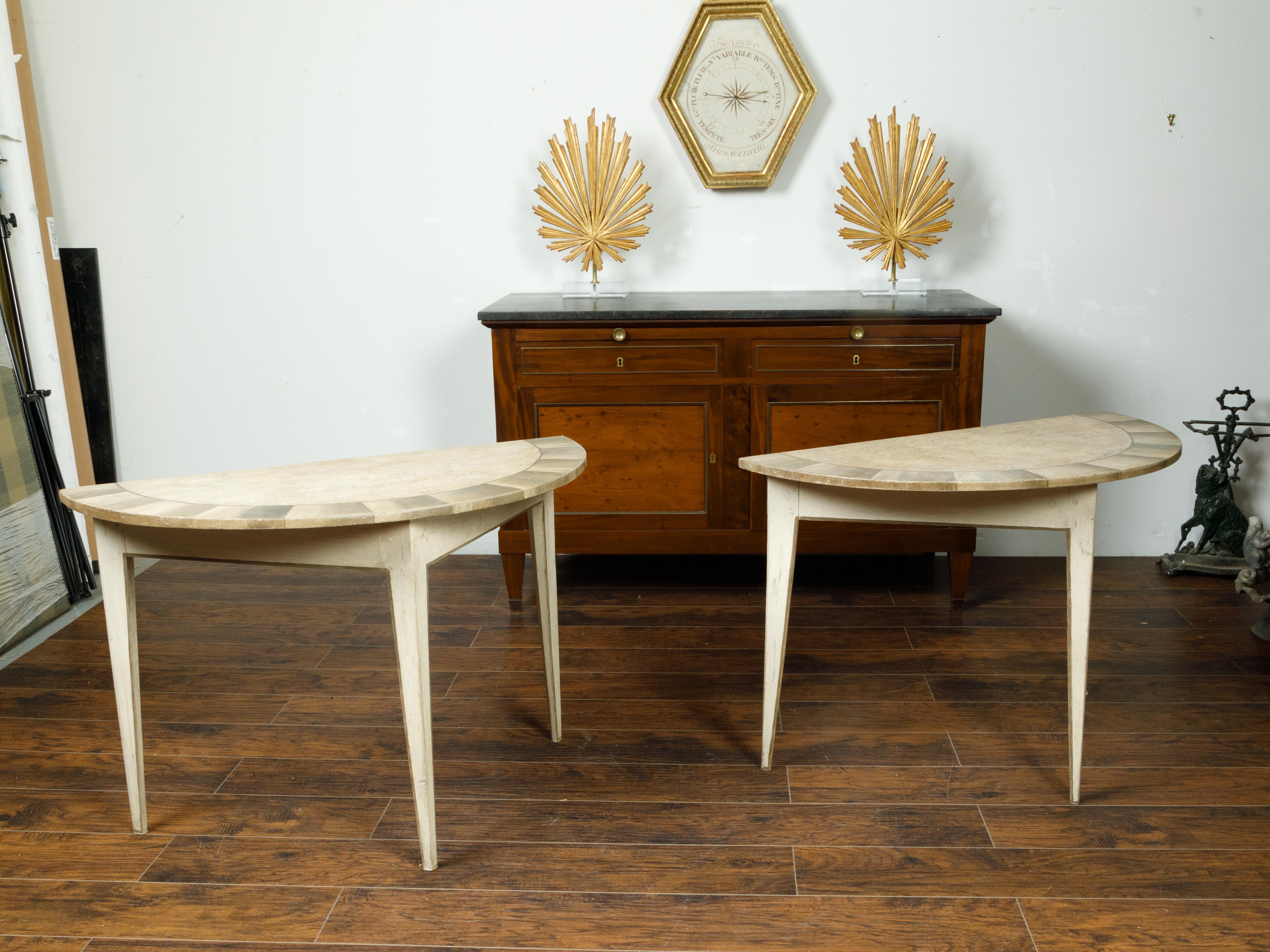 20th Century Pair of Swedish 1930-1940 Painted Wood Demilune Tables with Radiating Motifs