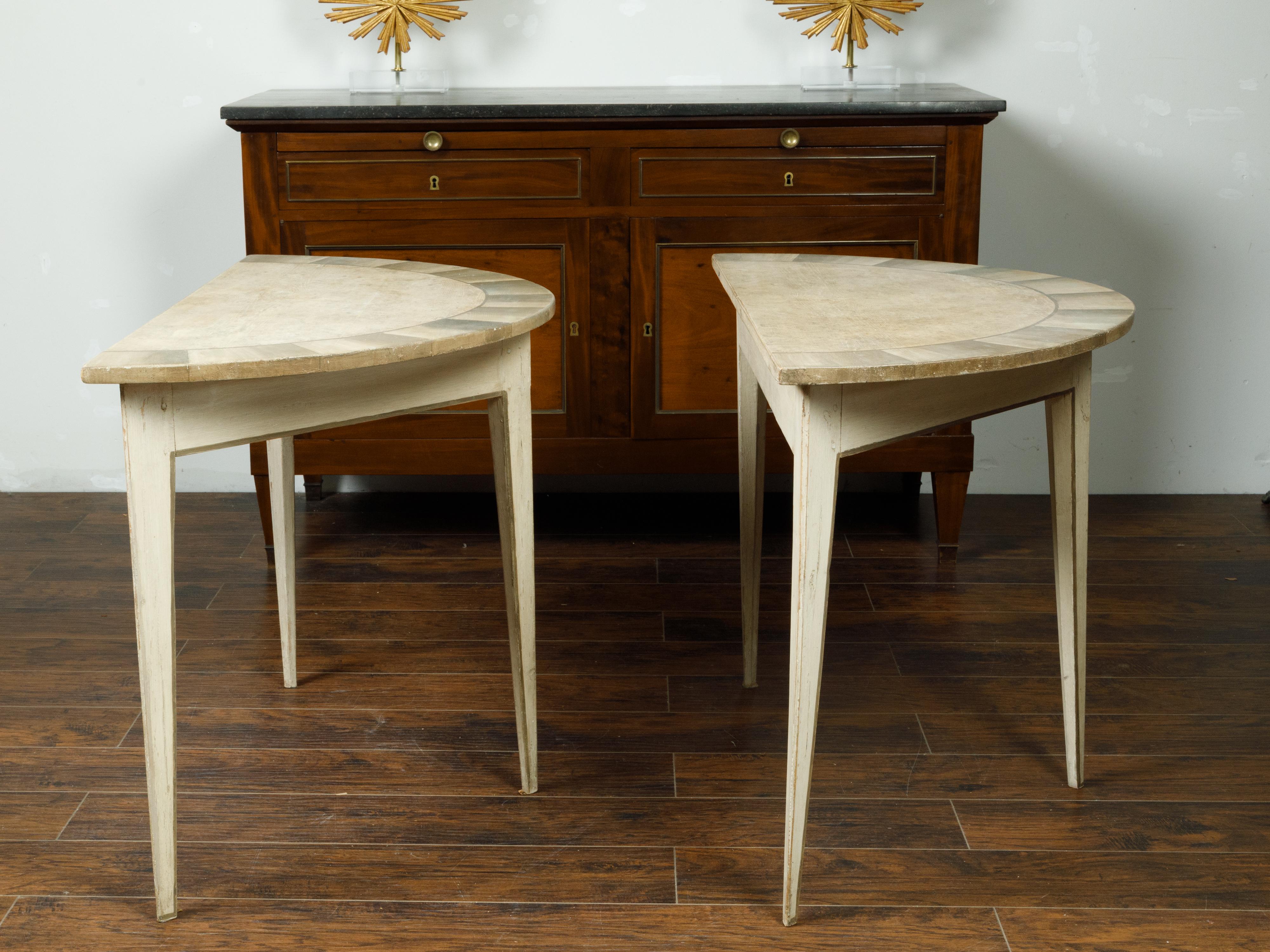 Pair of Swedish 1930-1940 Painted Wood Demilune Tables with Radiating Motifs 2