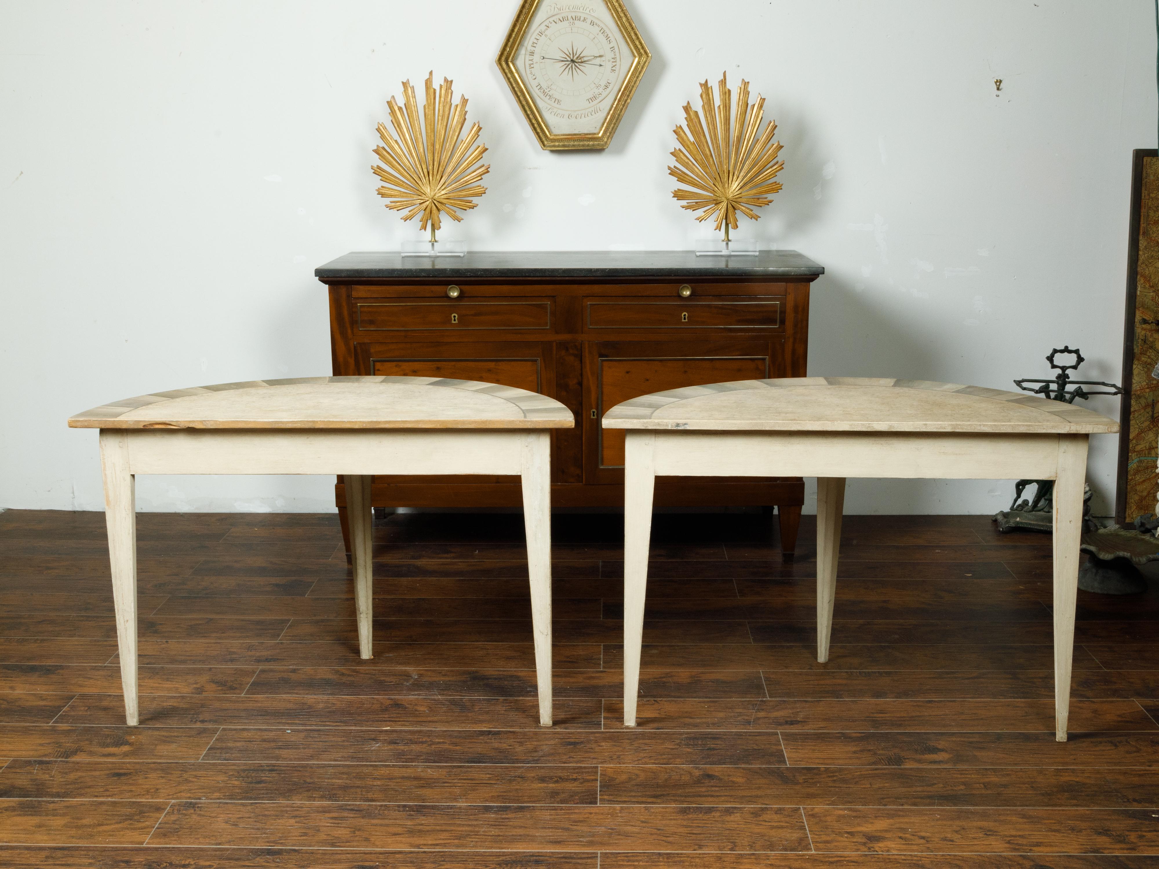 Pair of Swedish 1930-1940 Painted Wood Demilune Tables with Radiating Motifs 3