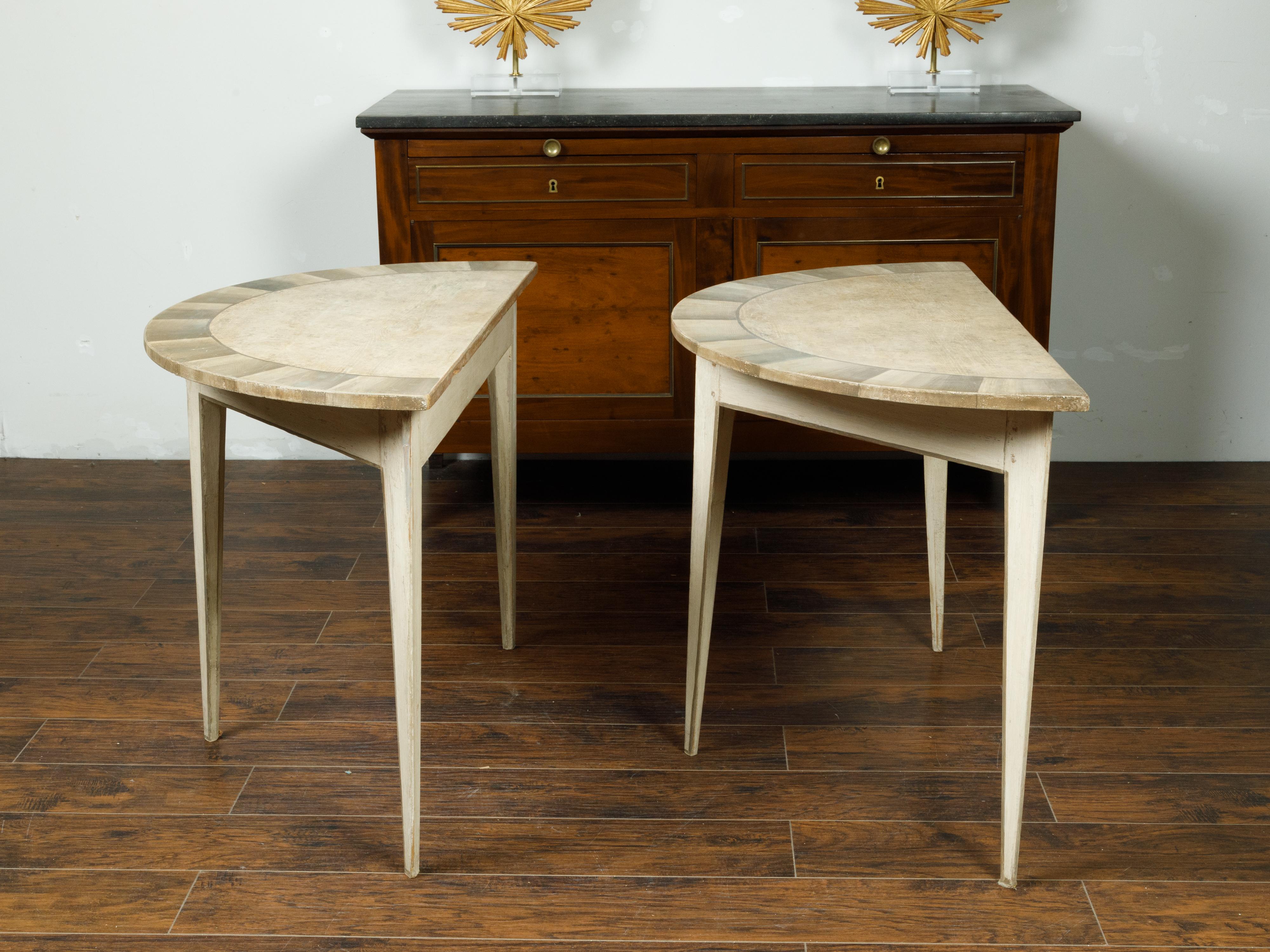 Pair of Swedish 1930-1940 Painted Wood Demilune Tables with Radiating Motifs 4