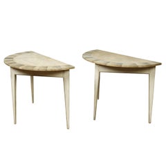 Pair of Swedish 1930-1940 Painted Wood Demilune Tables with Radiating Motifs