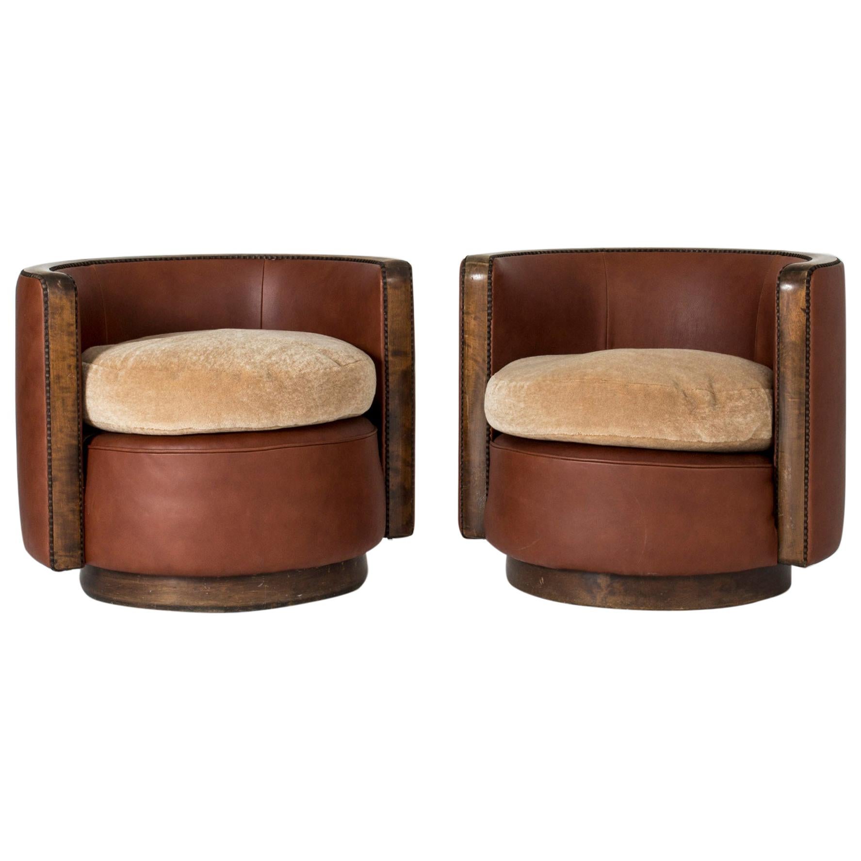Pair of Swedish 1930s Leather and Mohair Lounge Chairs