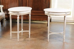 Pair of Swedish 1950s Gustavian Style Painted Oval Side Tables with Guilloches