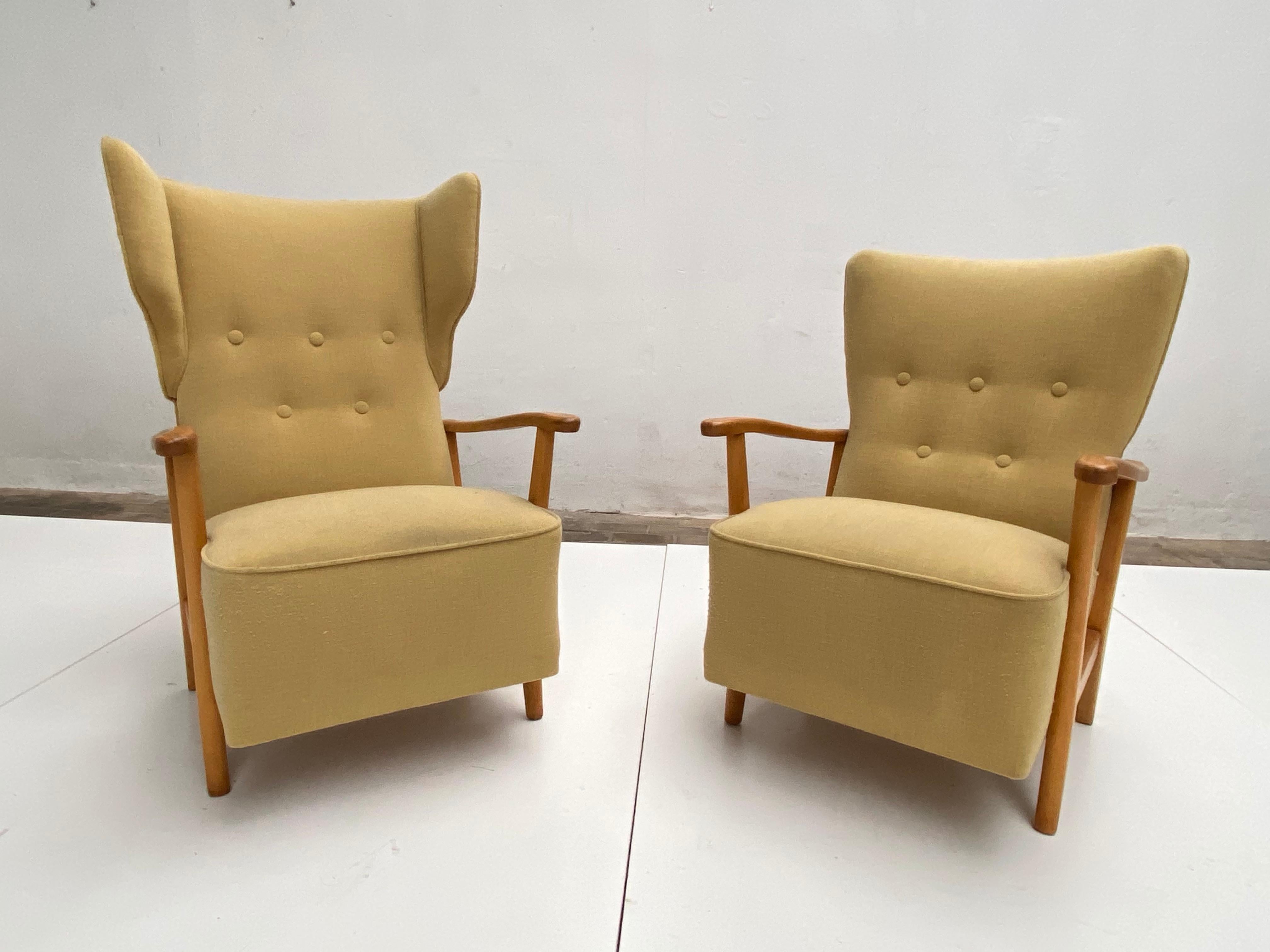 Pair of Swedish 1950s Lounge Chairs Senior Wingback, Lady Chair New Upholstery 5