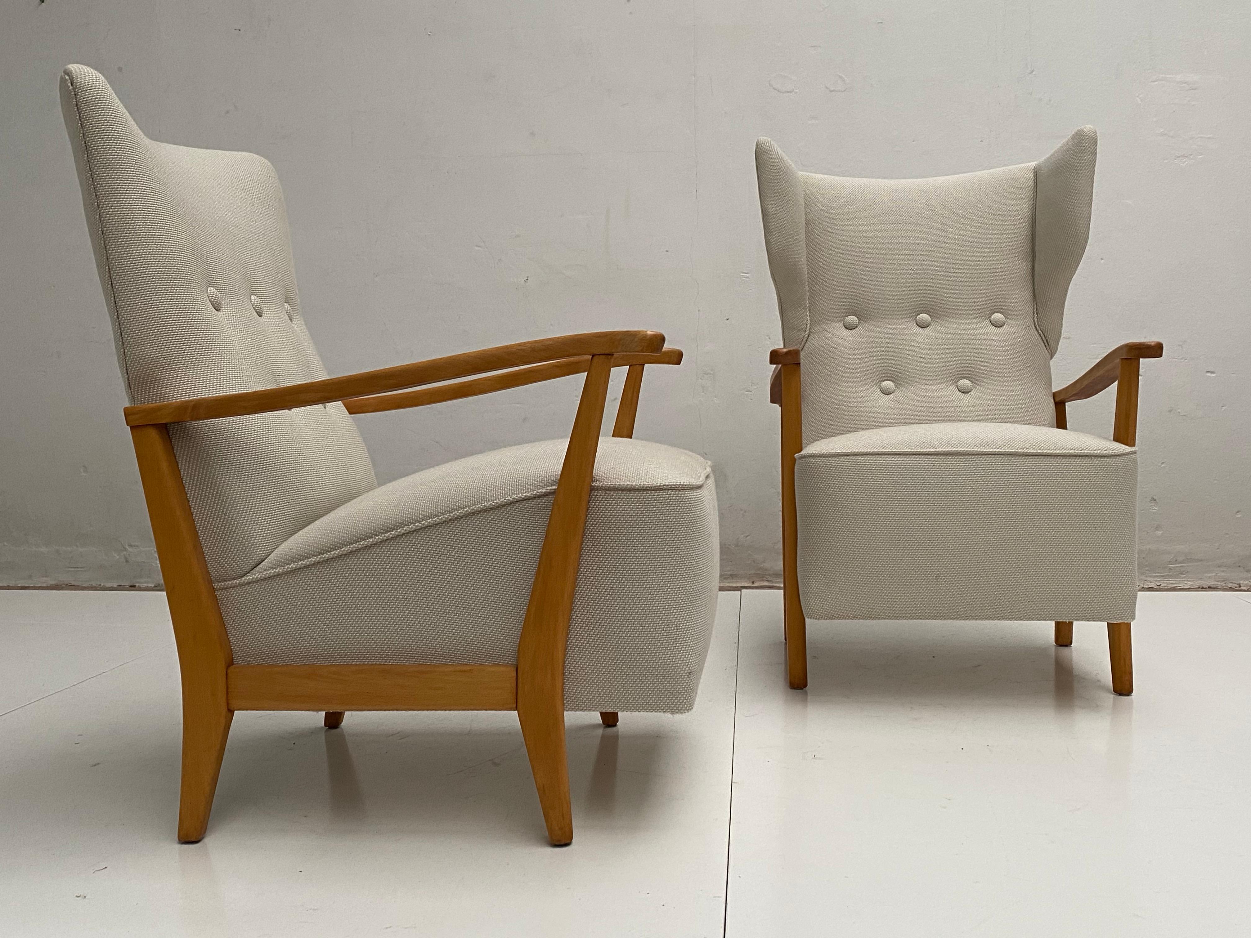 Scandinavian Modern Pair of Swedish 1950s Lounge Chairs Senior Wingback, Lady Chair New Upholstery