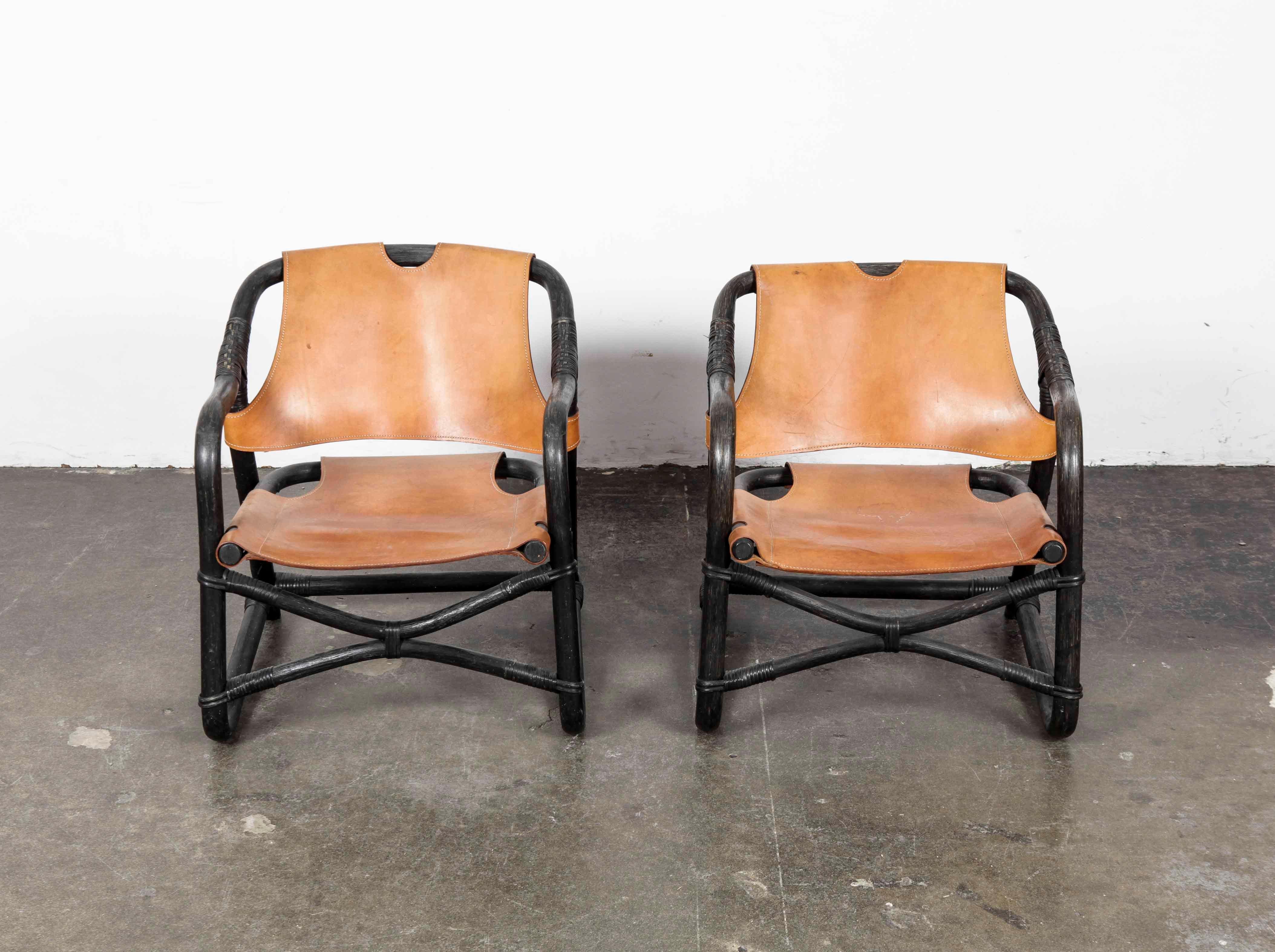 Mid-Century Modern Pair of Swedish 1970s Black Lacquered Bamboo Chairs with Saddle Leather