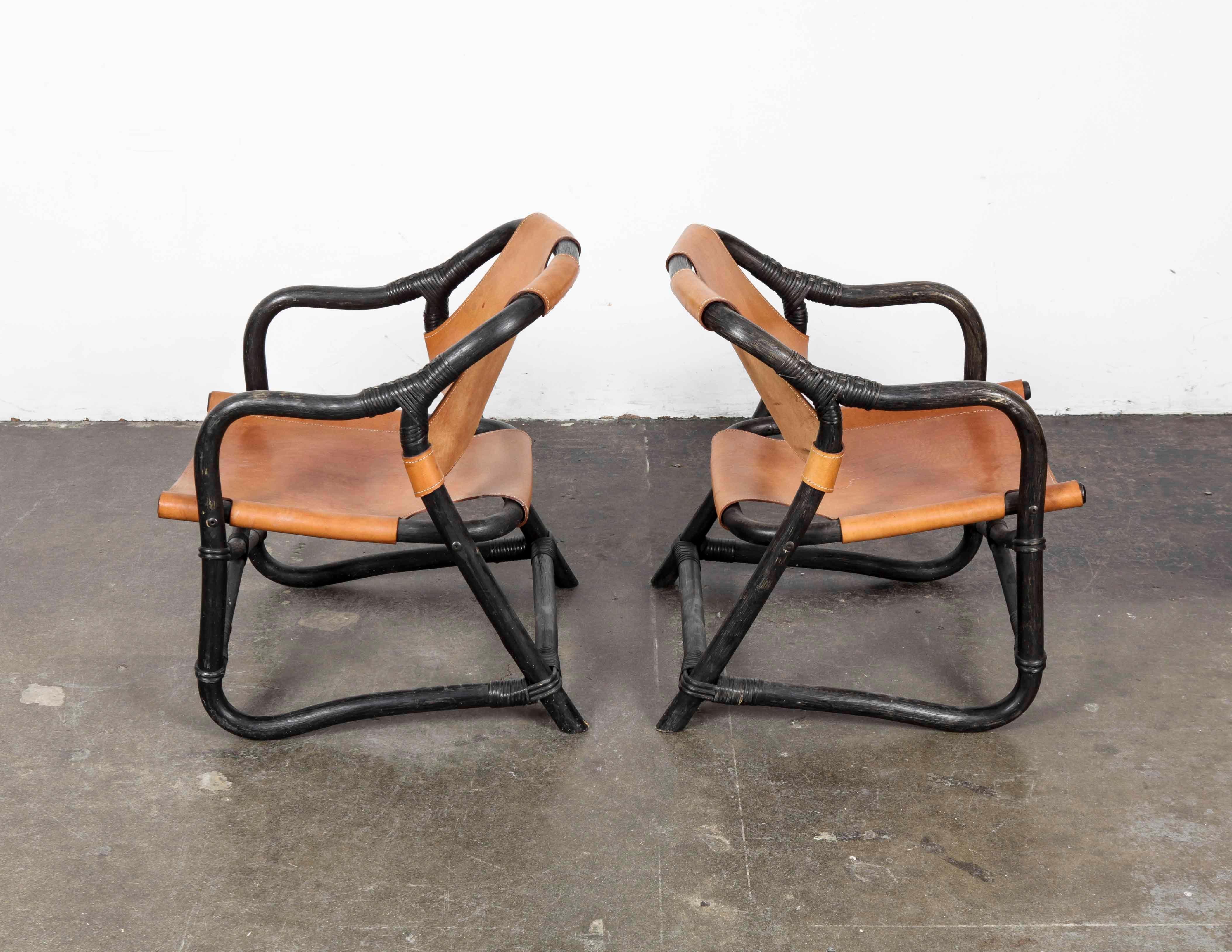 Painted Pair of Swedish 1970s Black Lacquered Bamboo Chairs with Saddle Leather