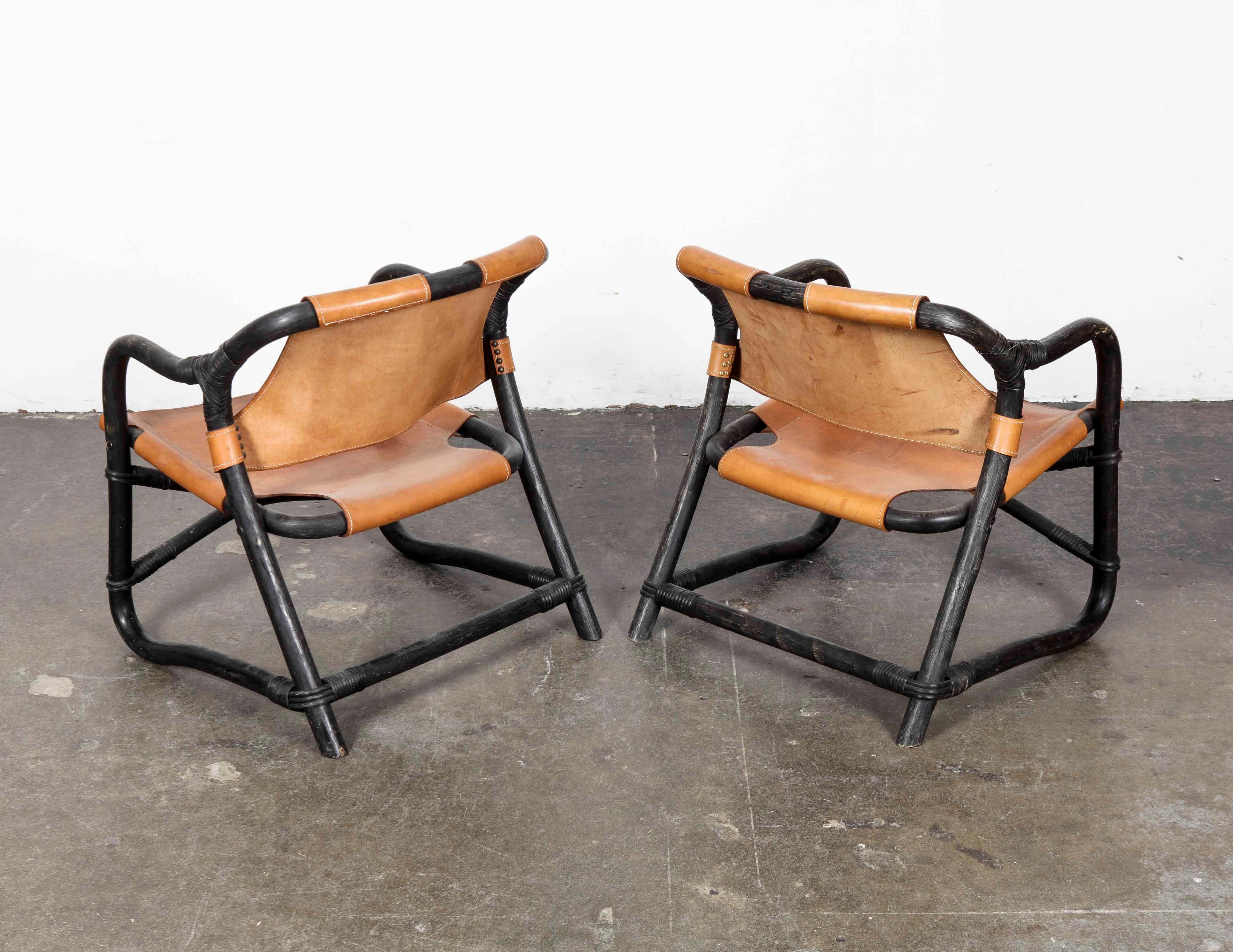 Pair of Swedish 1970s Black Lacquered Bamboo Chairs with Saddle Leather In Good Condition In North Hollywood, CA