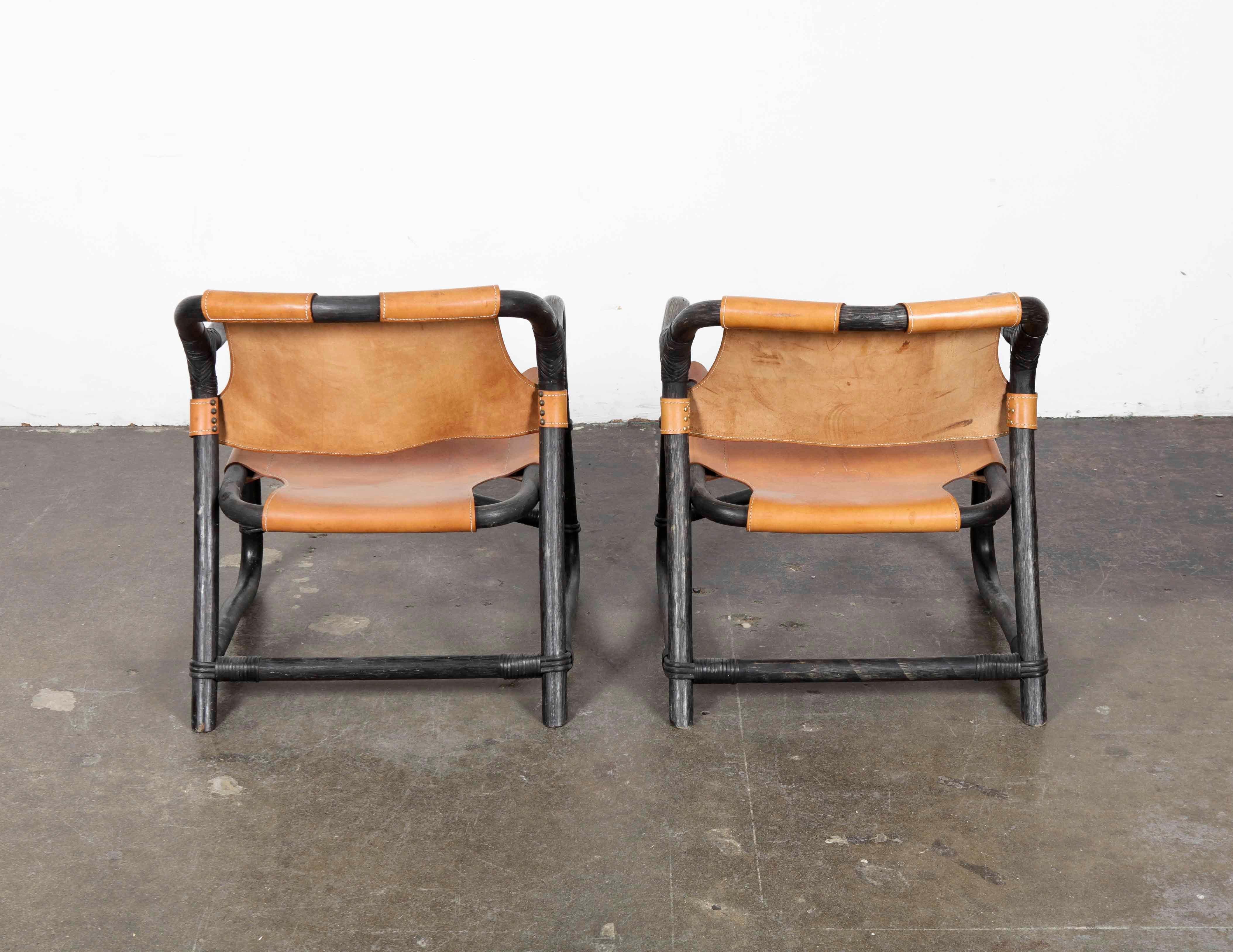 Mid-20th Century Pair of Swedish 1970s Black Lacquered Bamboo Chairs with Saddle Leather