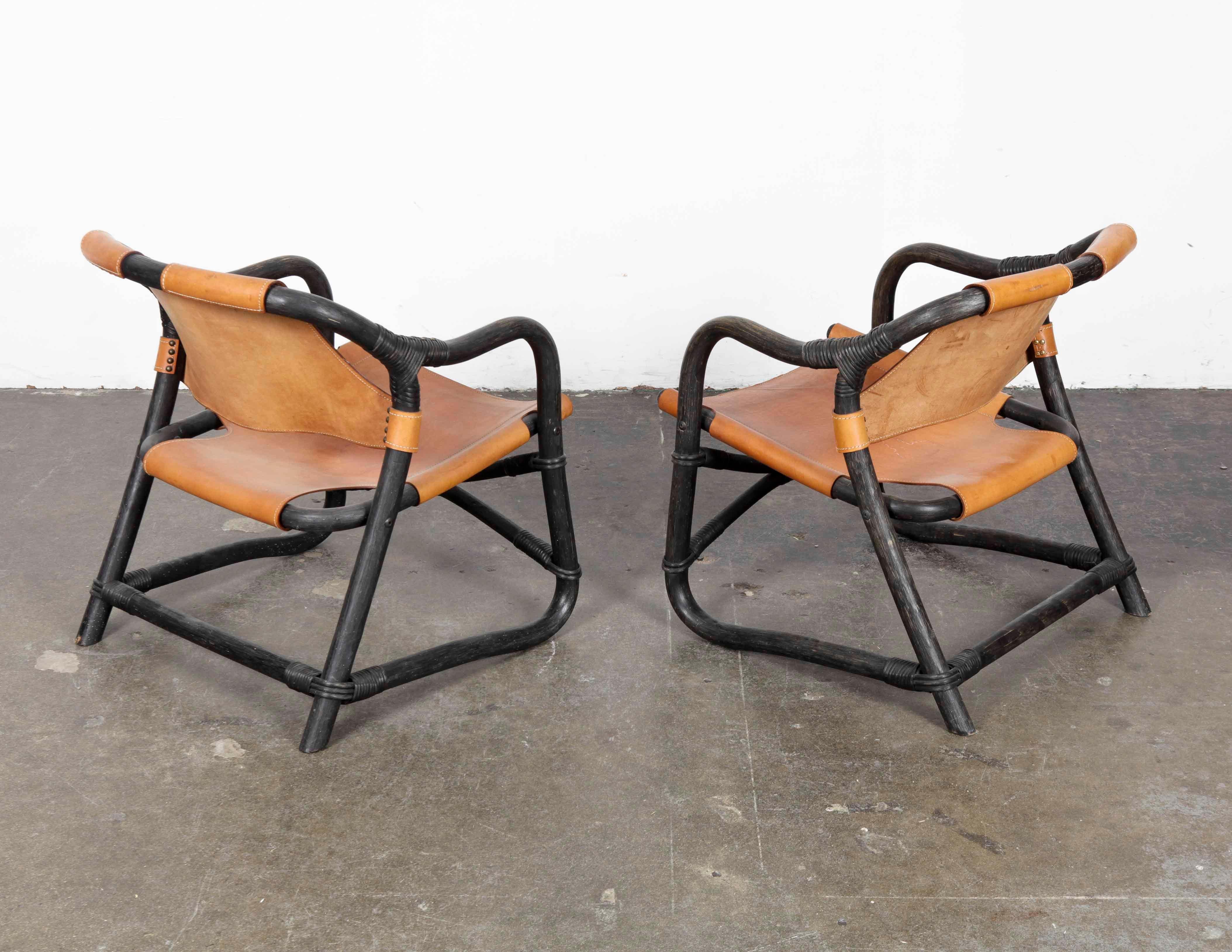 Pair of Swedish 1970s Black Lacquered Bamboo Chairs with Saddle Leather 1