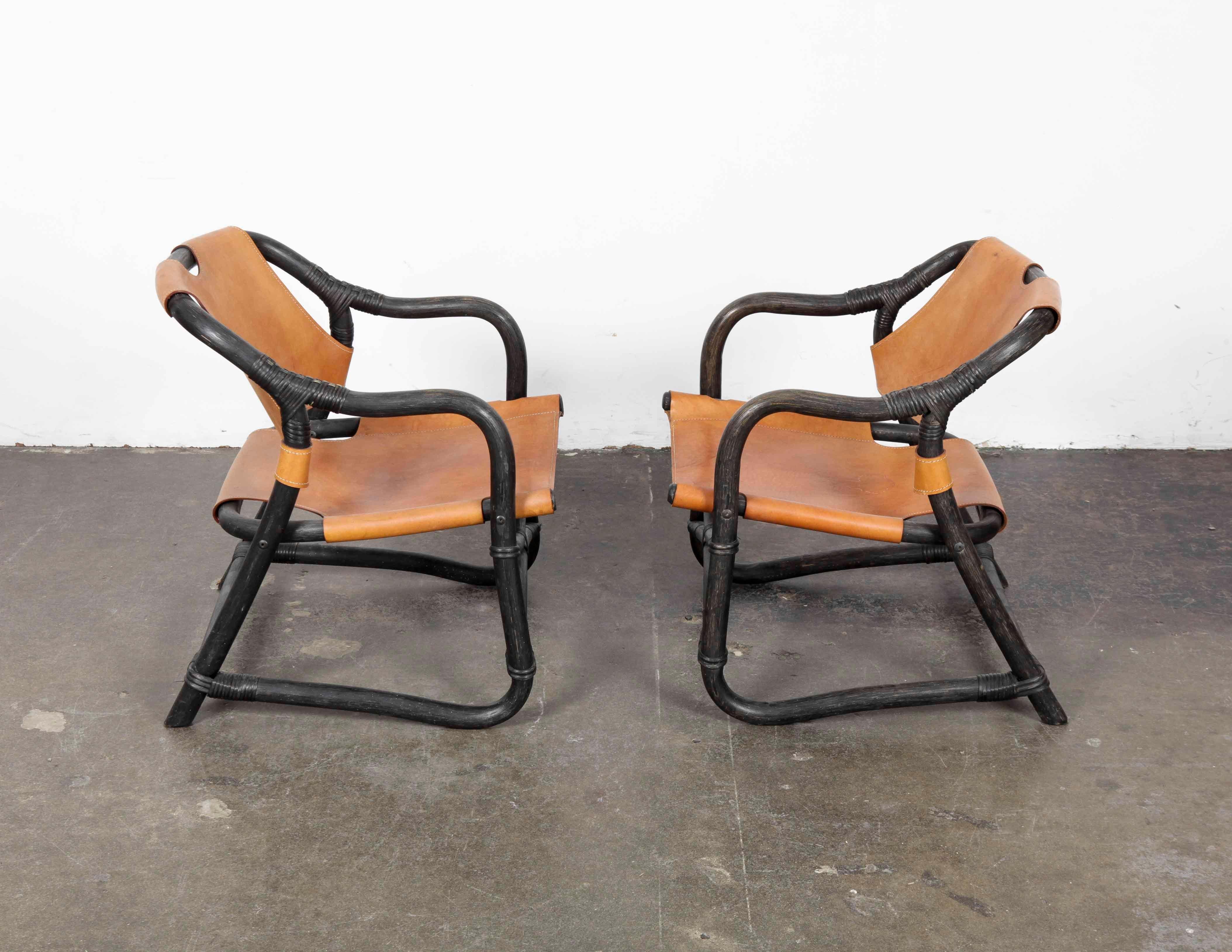 Pair of Swedish 1970s Black Lacquered Bamboo Chairs with Saddle Leather 2