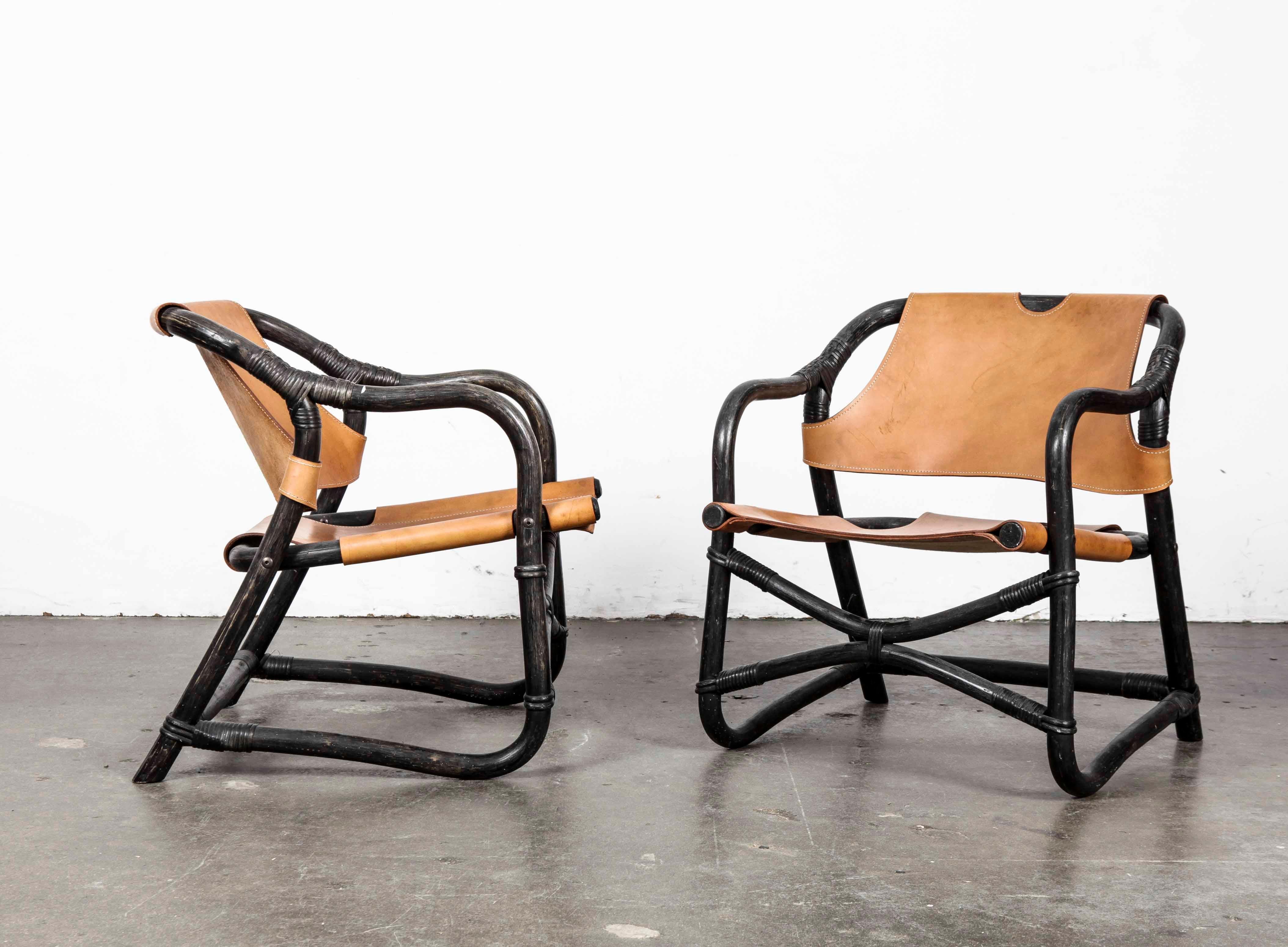 Pair of Swedish 1970s Black Lacquered Bamboo Chairs with Saddle Leather 3