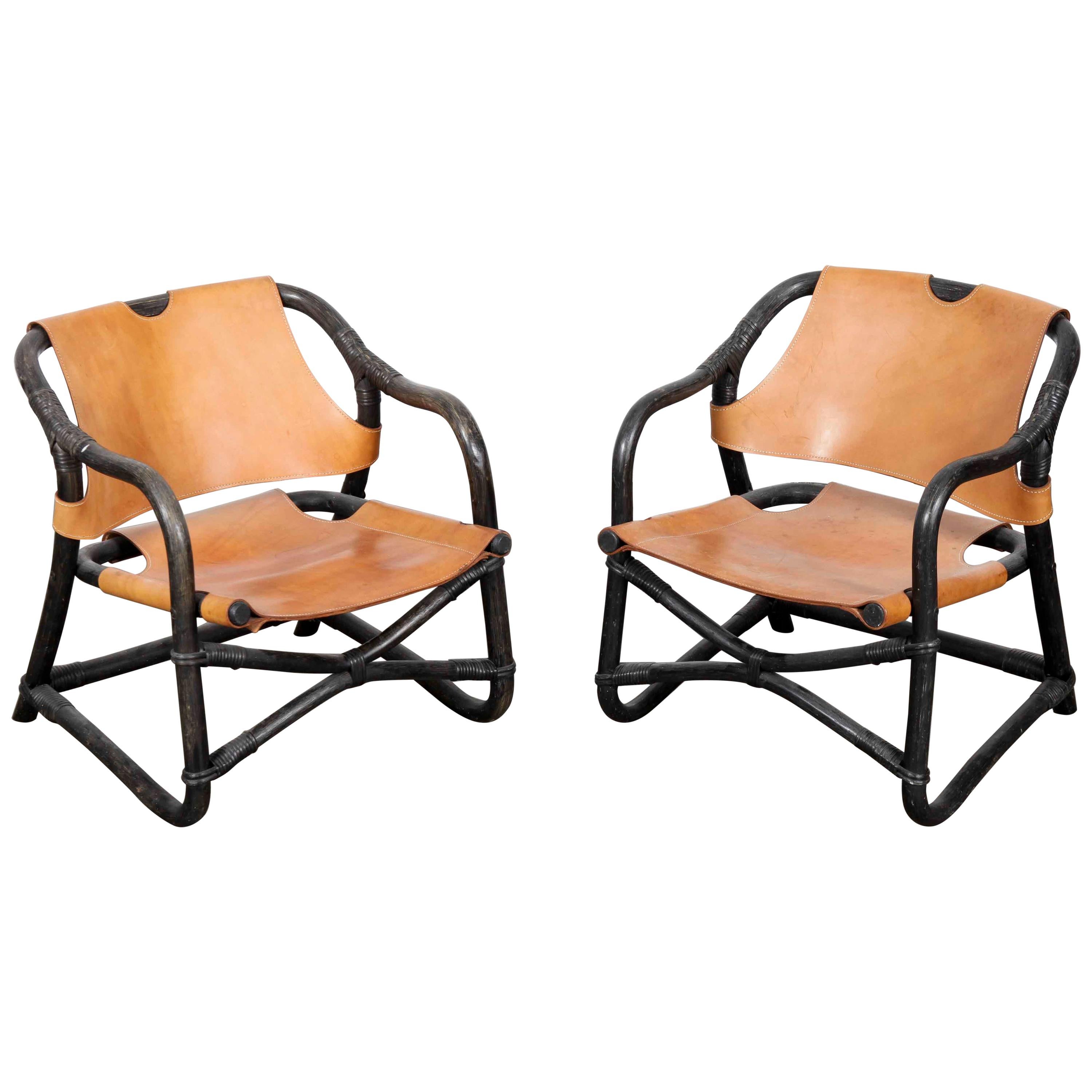 Pair of Swedish 1970s Black Lacquered Bamboo Chairs with Saddle Leather