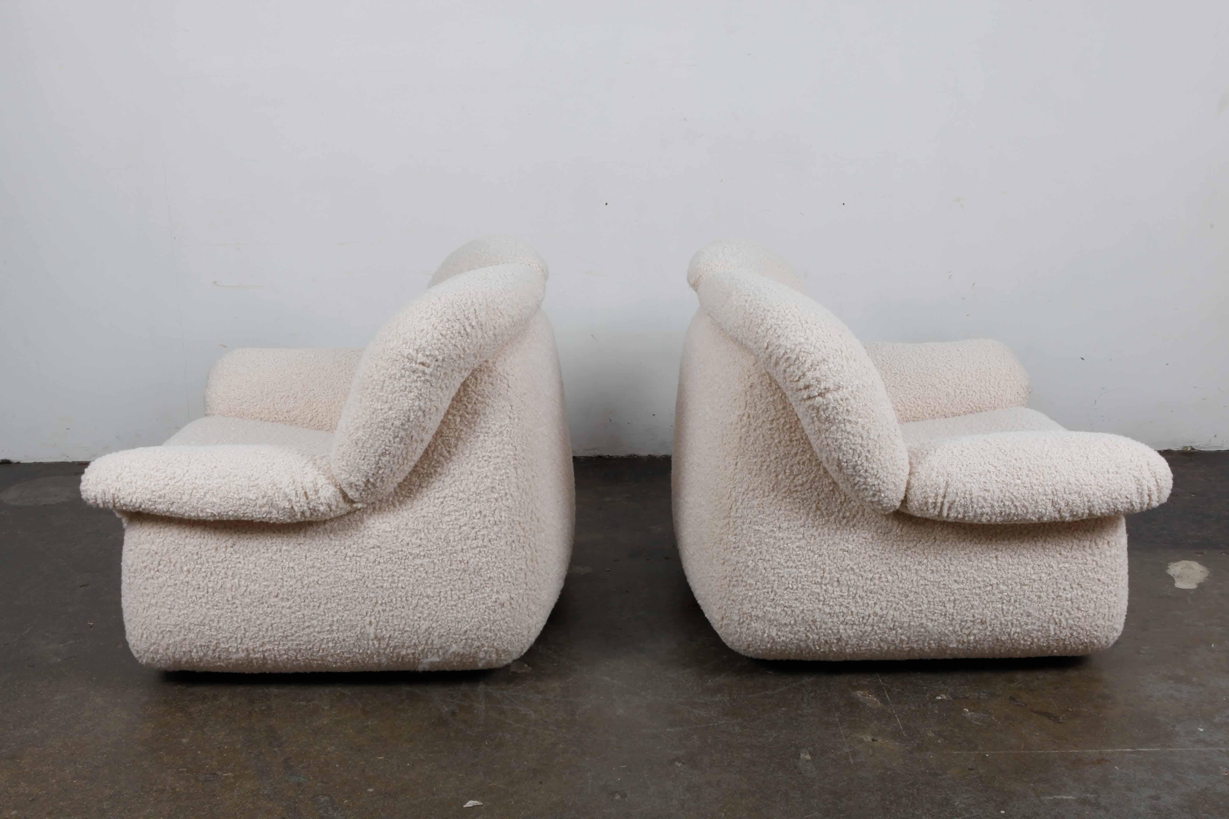 Mid-Century Modern Pair of Swedish 1970s Low, Wide Lounge Chairs Reupholstered in Boucle