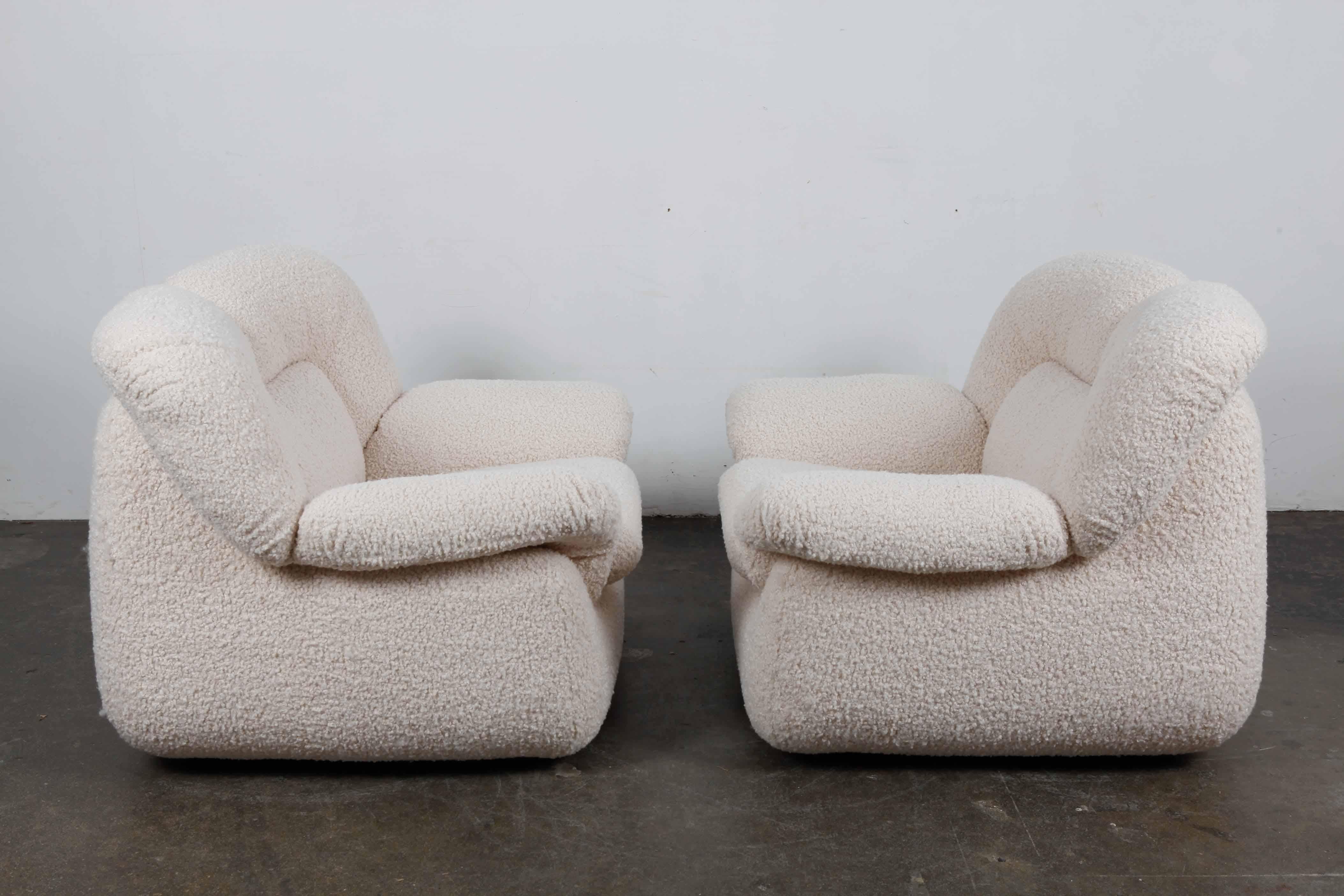 Late 20th Century Pair of Swedish 1970s Low, Wide Lounge Chairs Reupholstered in Boucle