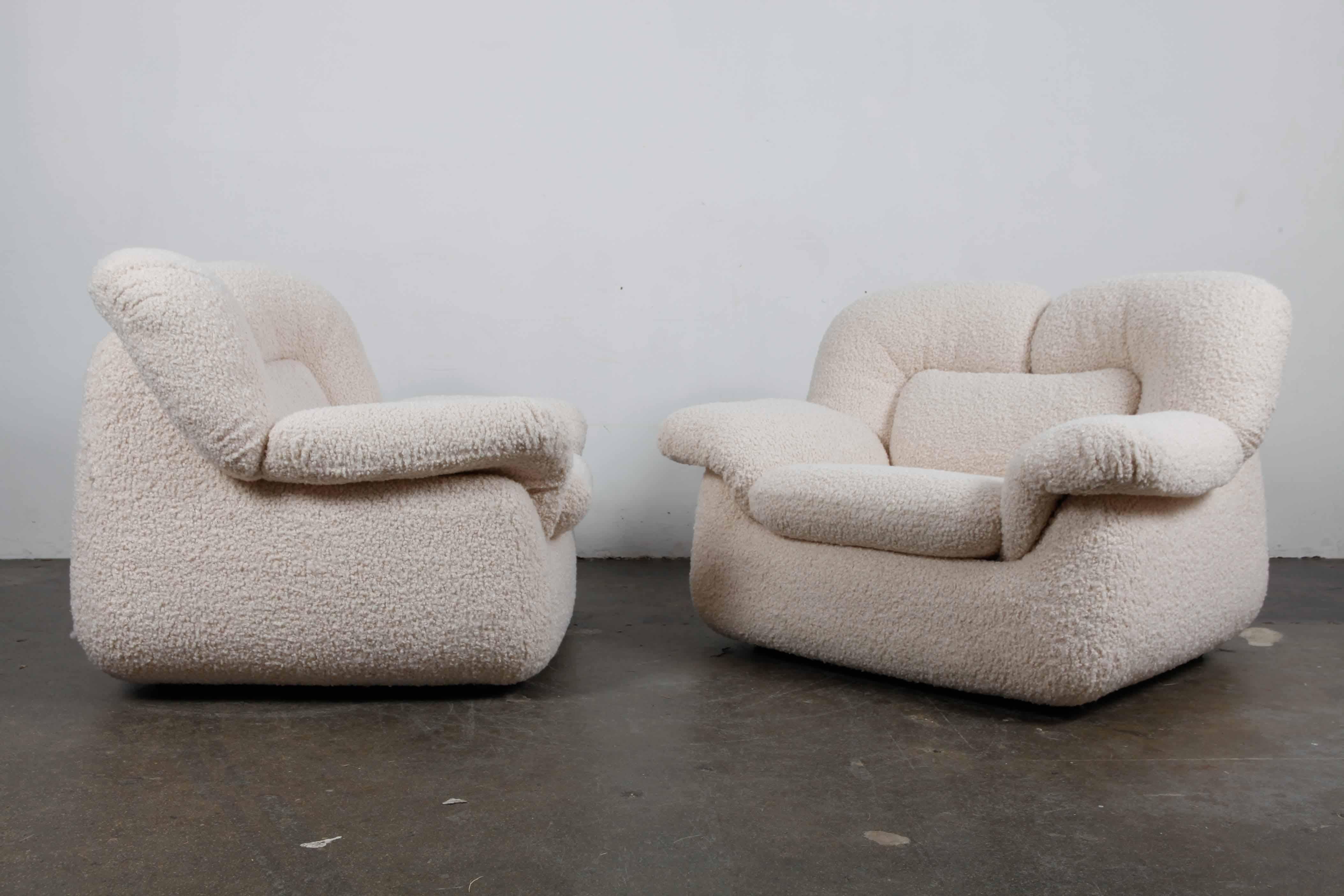 Bouclé Pair of Swedish 1970s Low, Wide Lounge Chairs Reupholstered in Boucle