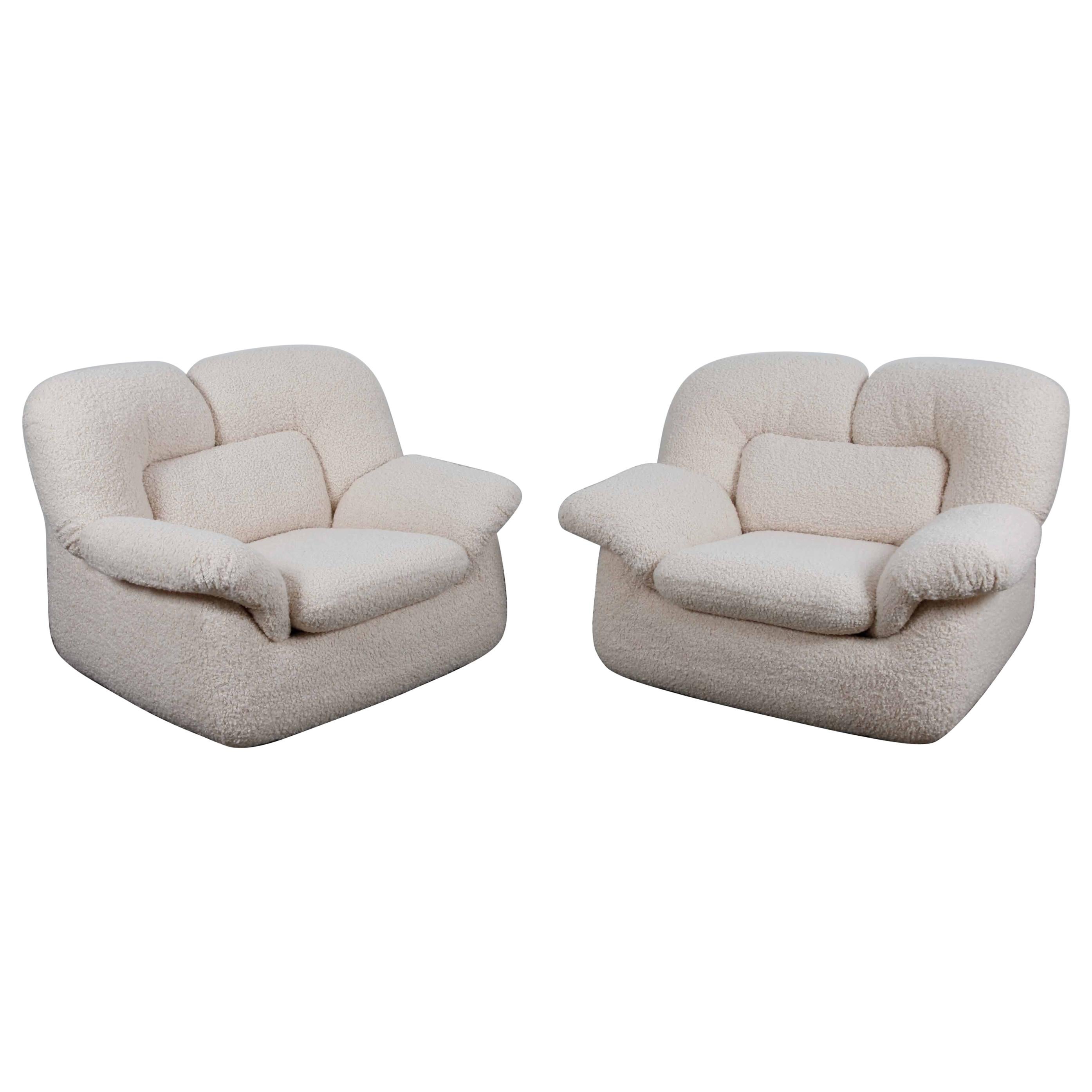 Pair of Swedish 1970s Low, Wide Lounge Chairs Reupholstered in Boucle