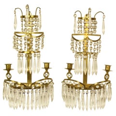 Antique Pair of Swedish 19th Century Gustavian Style Brass Cut-Glass Wall Lights/Sconces