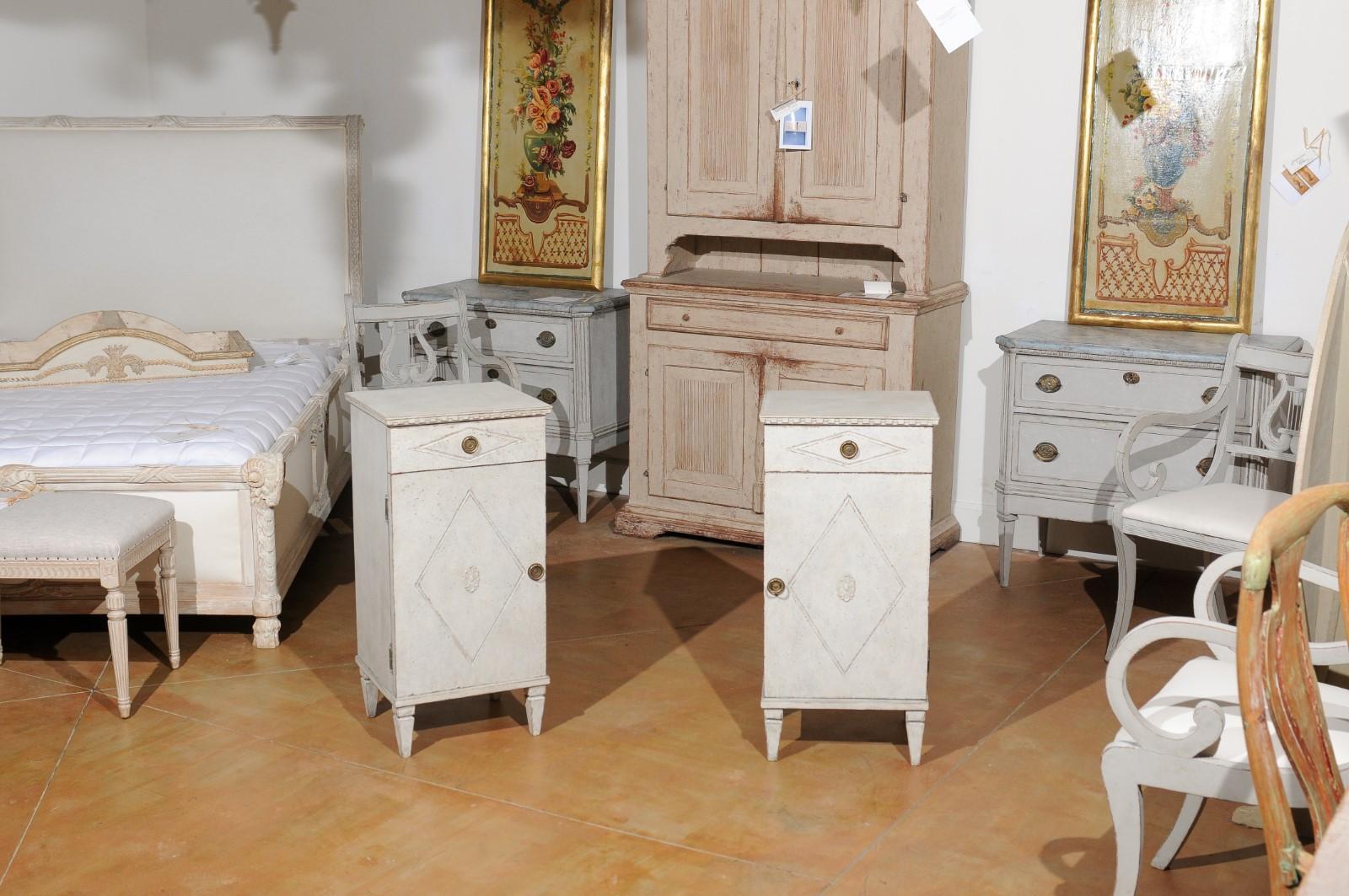 Painted Pair of Swedish 19th Century Gustavian Style Nightstands with Drawers and Doors