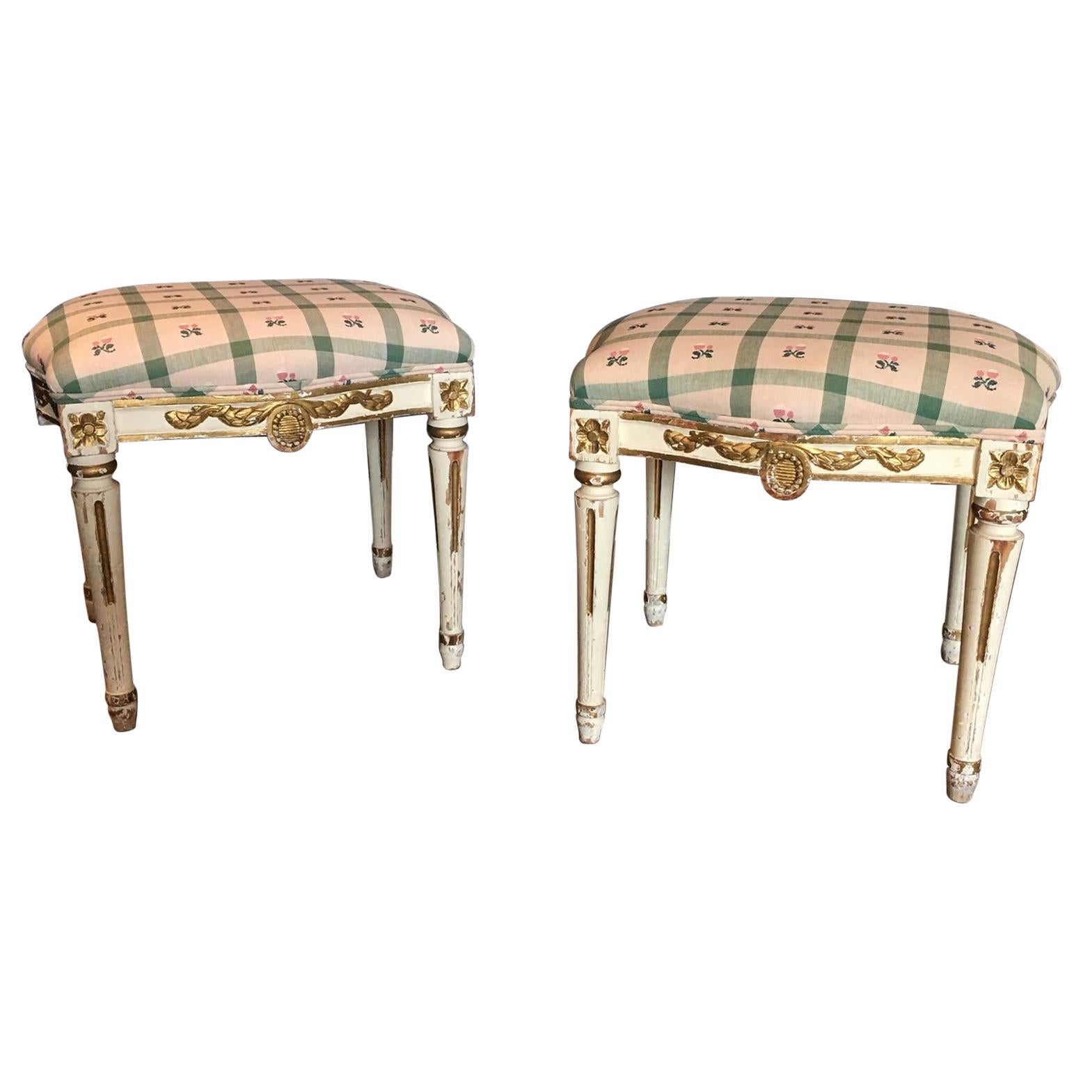 Pair of Swedish 19th Century Gustavian Style Parcel Gilt Stools For Sale