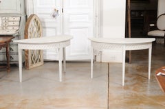 Pair of Swedish 19th Century Neoclassical Style Demilune Tables with Guilloches