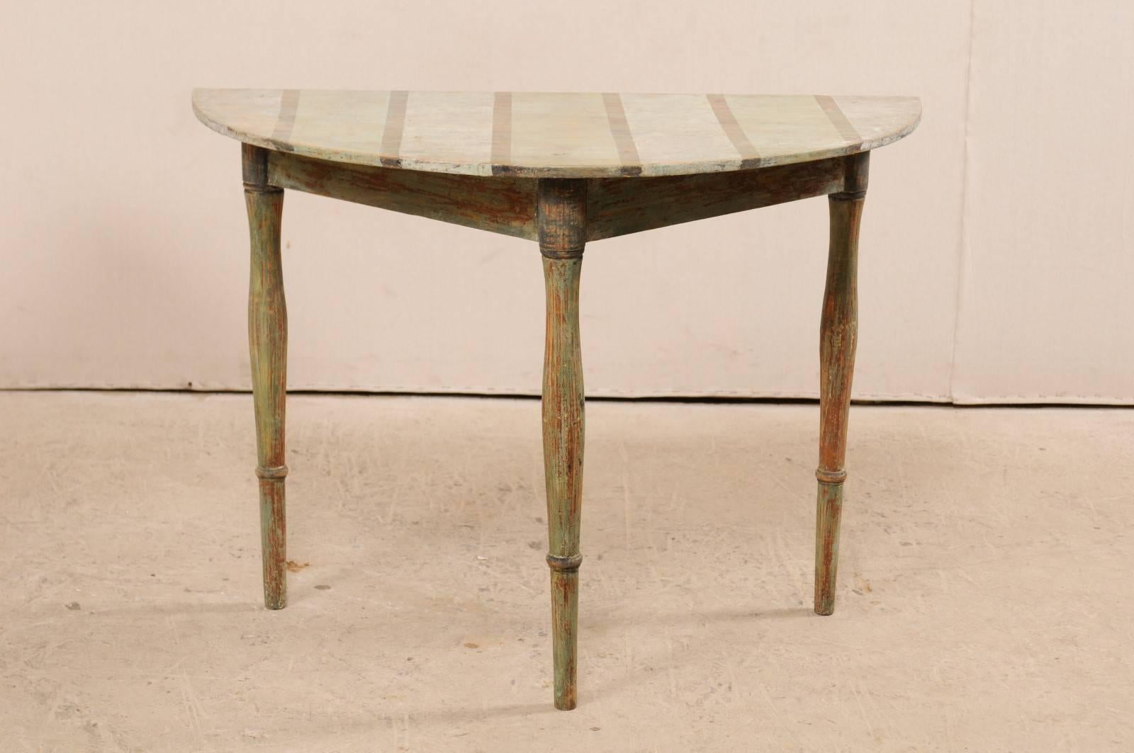 Pair of Swedish 19th Century Painted Wood Demilune Tables with Subtle Stripes In Good Condition In Atlanta, GA