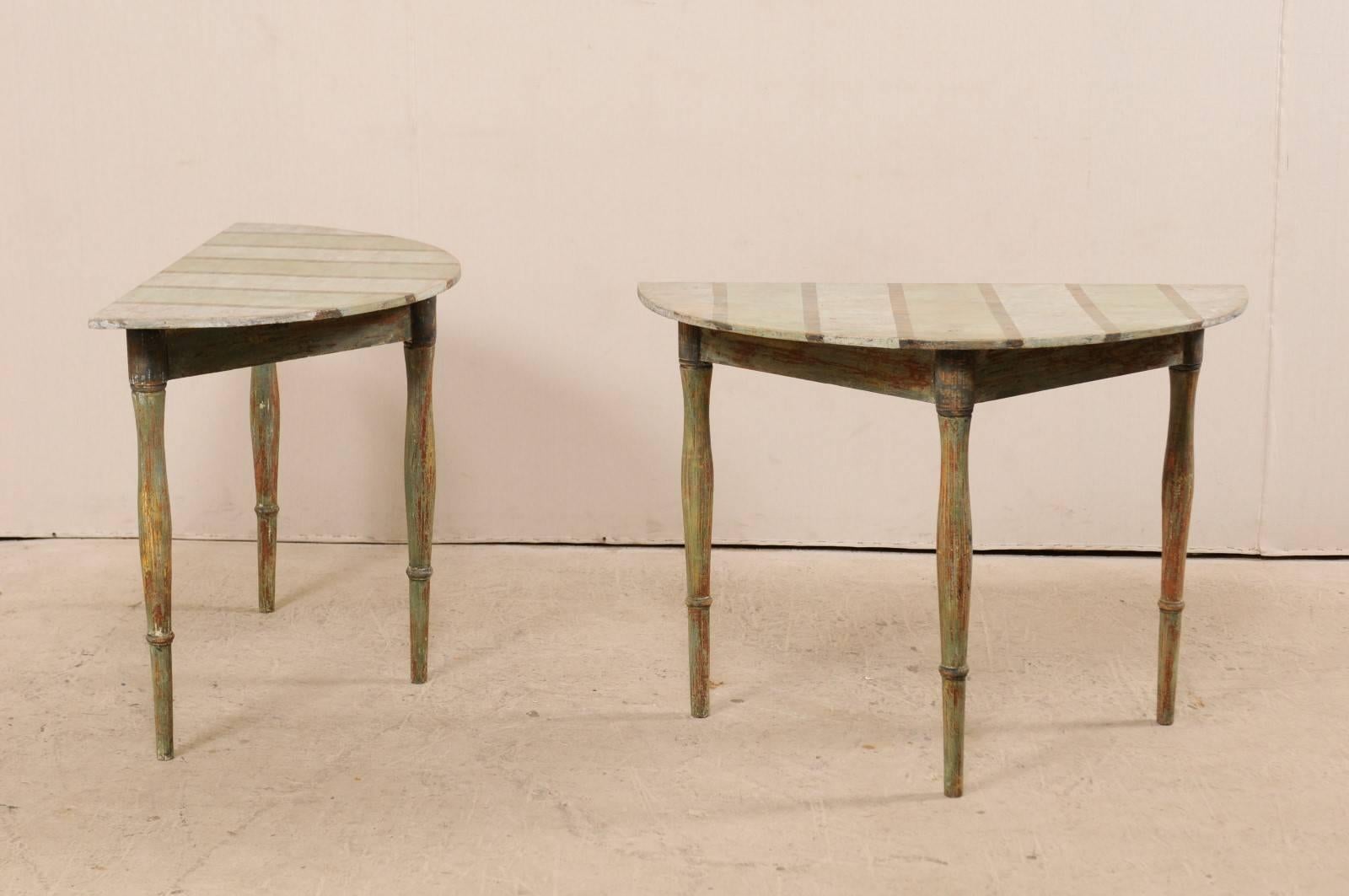 Pair of Swedish 19th Century Painted Wood Demilune Tables with Subtle Stripes 1
